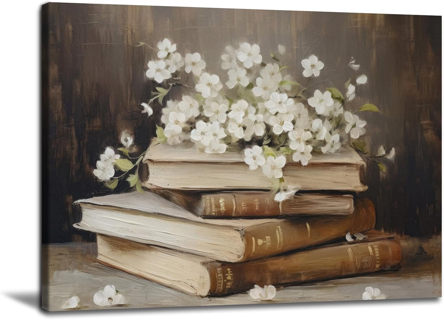 Vintage Flower Books Wall Art Rustic Antique Floral Still Life Painting Prints Light Academia Aesthetic Gallery Posters Pictures Spring Minimalist Botanical Moody Library Canvas Wall Decor Framed