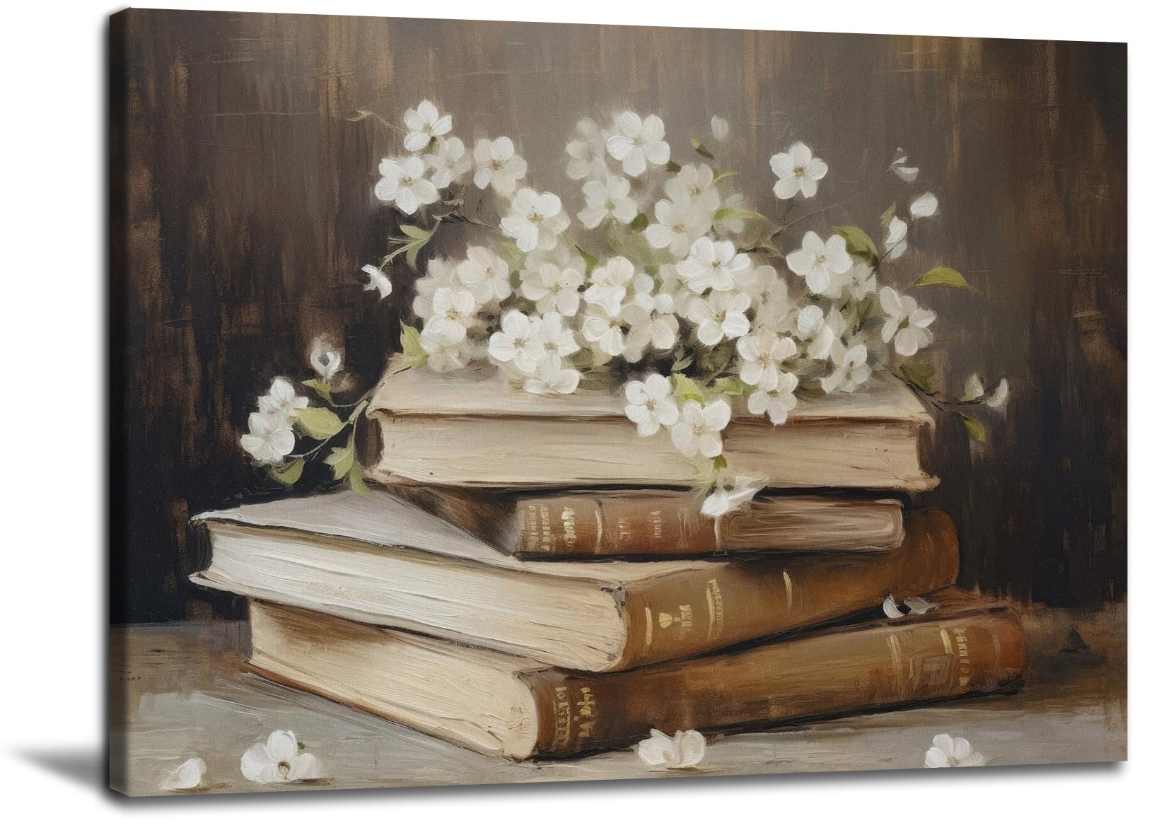 Vintage Flower Books Wall Art Rustic Antique Floral Still Life Painting Prints Light Academia Aesthetic Gallery Posters Pictures Spring Minimalist