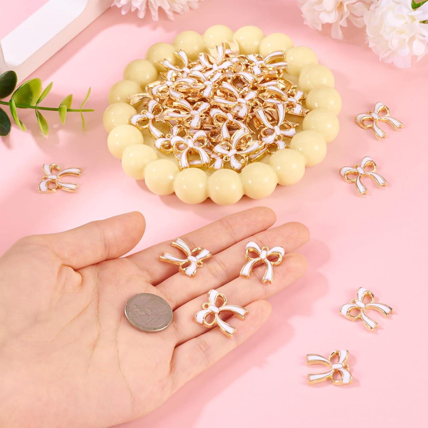 Pandahall 100pcs Bowknot Alloy Enamel Charms 19.5x17.5x3mm White Bowknot Gold Plated Dangle Charms for Jewelry Making Valentine's Day Accessories Wedding Favours Finding Supplies - Image 5