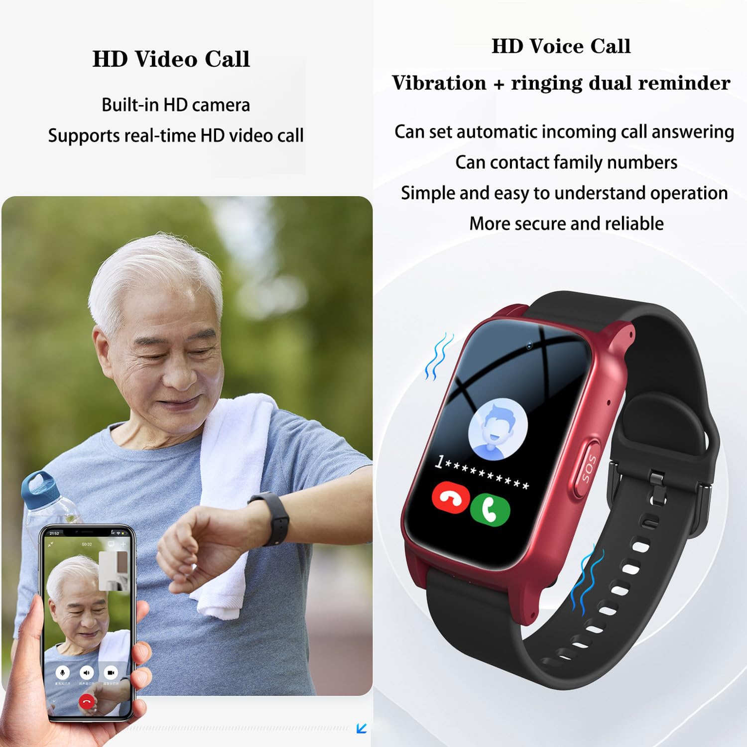 Bracciale SOS Salvavita Anziani, Braccialetto Localizzatore GPS Salvavita, Orologio Smartwatch per Anziani, Chiamata di Emergenza SOS, Pulsante Allarme Anziani,Black