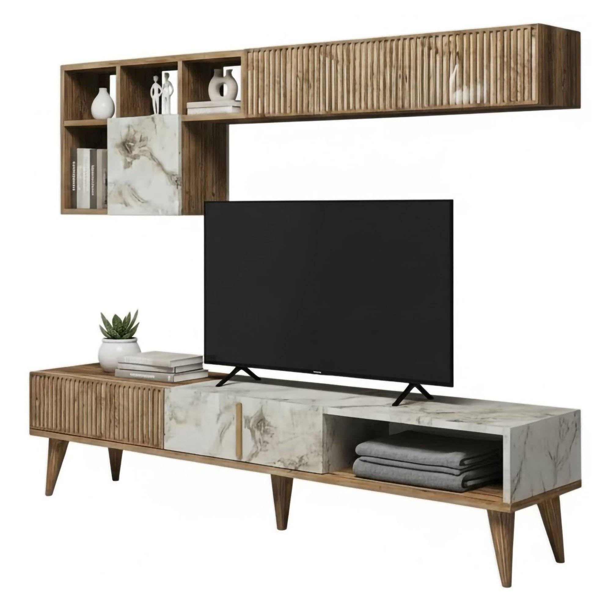 Dmora Parete attrezzata Gemini, Composizione Soggiorno, Mobile Salotto Multiuso, Armadio Porta TV, 180x35h40 cm, Noce e Bianco Marmo