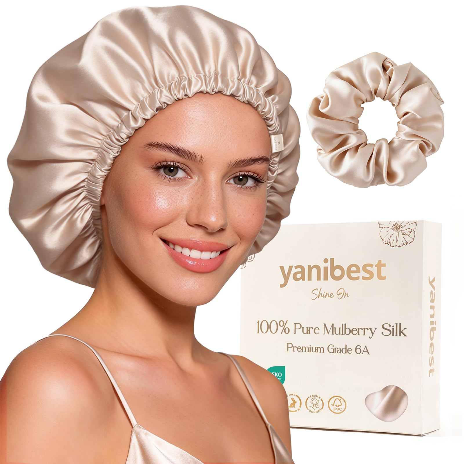 Yanibest Women's Champagne 22 Momme 100% Mulberry Silk Bonnet For Sleeping, Double Layer Sleep Cap Hair Wrap For Natural Silk Hair Bonnet With Scrunchie