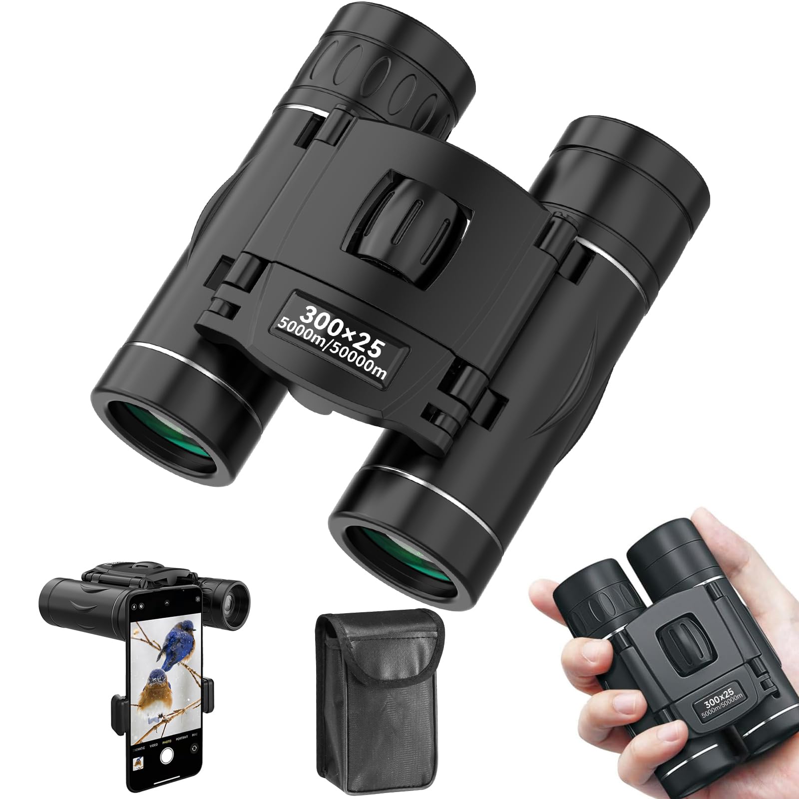 300x25 Binoculars for Adults and Kids, High Powered Mini Pocket Binoculars with Phone Adapter, Waterproof Compact Telescope for Bird Watching, Concert, Theater, Opera, Traveling, Sightseeing