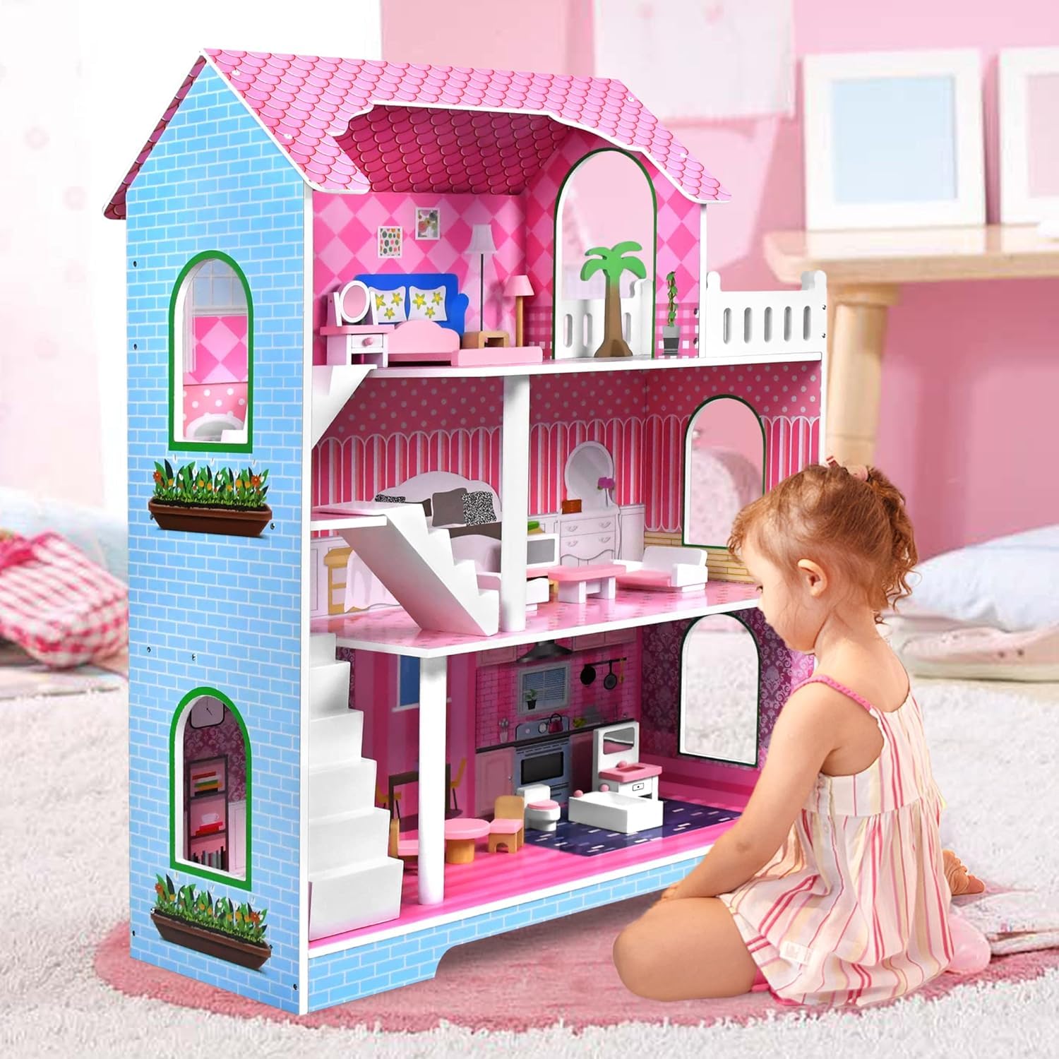 HENGMEI Casa de Muñecas de Madera para Niños Conjunto de Villa de Muñecas Dollhouse Set Juego para Niñas 3 Pisos Casa con Muebles y Accesorios, 70x30x100cm Casas de Muñecas para Niños (Tipo B)