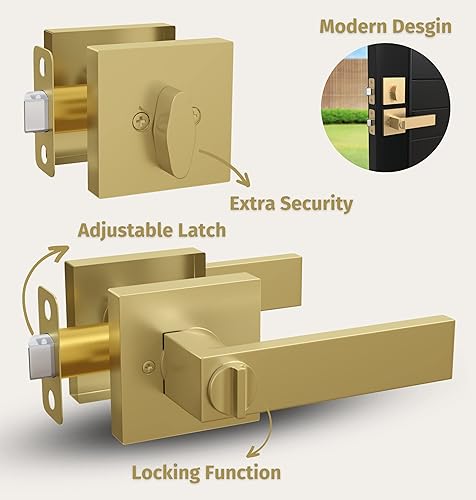 Miniatura 6 de Mega Handles ROBELL - Juego de manijas de puerta de entrada y cerrojo de un solo cilindro y llave, juego de palancas cuadradas resistentes para