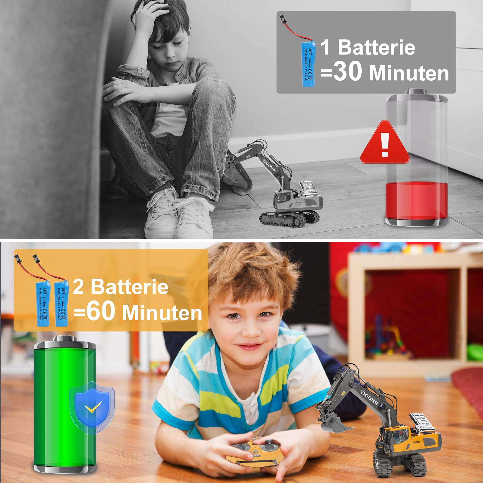 RC Escavatore, Escavatore Radiocomandato per Bambini, Giocattolo da Costruzione Telecomandato, rotazione a 680°, luce ed effetti sonori, regalo di compleanno ragazzo 6 7 8 9 10 11 12 anni