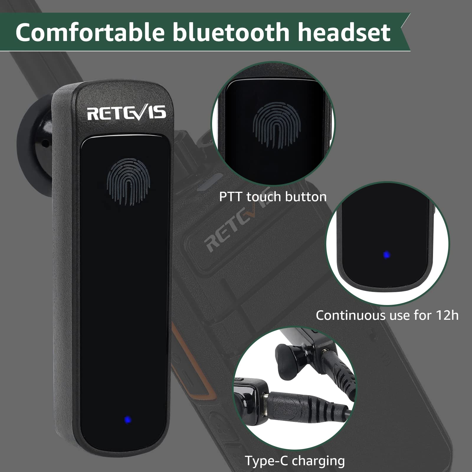 Retevis RB637 Walkie Talkie, Ricaricabile Ricetrasmittenti con Auricolare | VOX, Tipo-C, 2000mAh, 16 Canali, PMR446 Radio Bluetooth Portatile per Ristorante (Nero, 2 Pezzi)