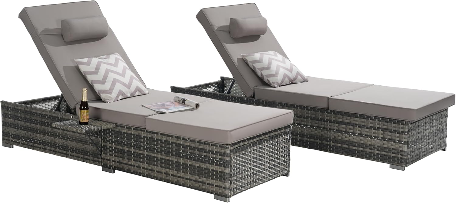 Outdoor Chaise Lounge Chair Set of 2 with Storage Patio Pool Chairs Tanning Lounges for Outside,Beach Rattan Recliners with Adjustable Backrest, Table, Cushion for Poolside Backyard Garden