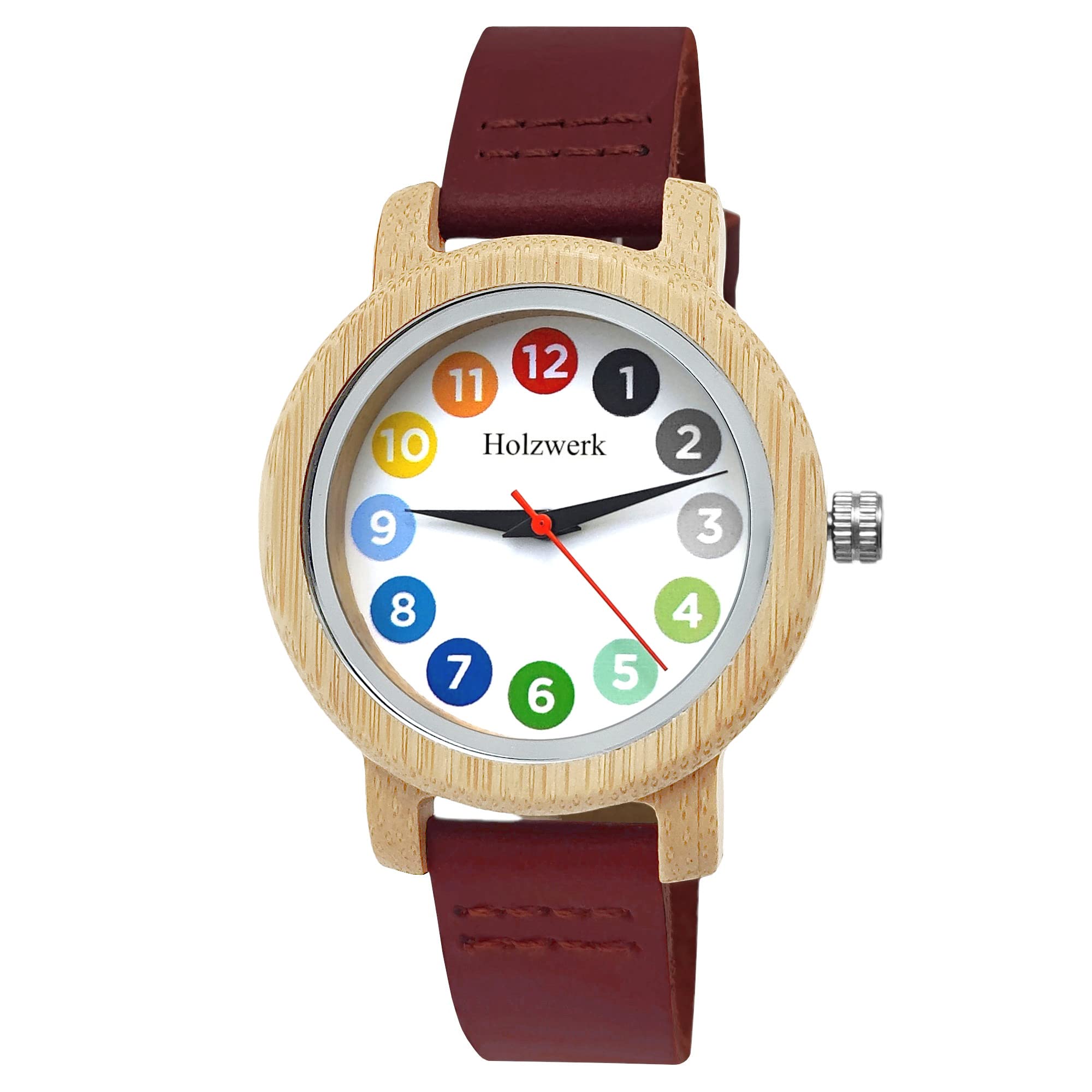 Holzwerk Germany® Mädchen-Uhr Kinder-Uhr Jungen-Uhr Öko Natur Holz-Uhr Lern-Uhr Leder Armband-Uhr Analog Klassisch Quarz-Uhr in Rot Braun Weiß Bunt
