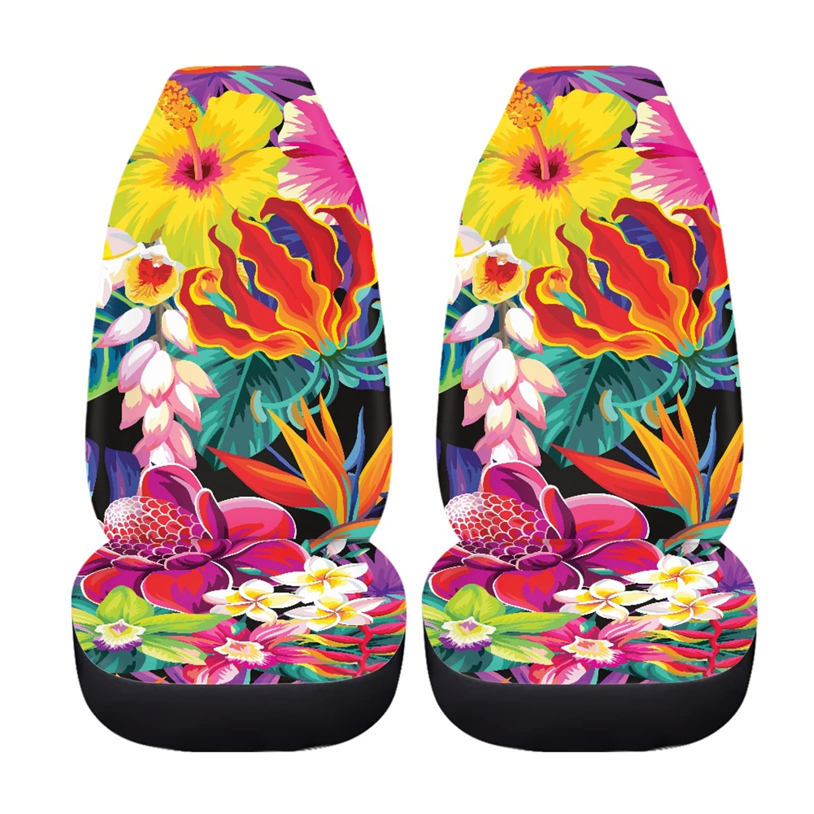 Forchrinse Juego de 2 fundas universales para asiento de coche, diseño de flor de hibisco con hojas de flores y fundas de asiento delantero, estilo bohemio, tropical, cubeta