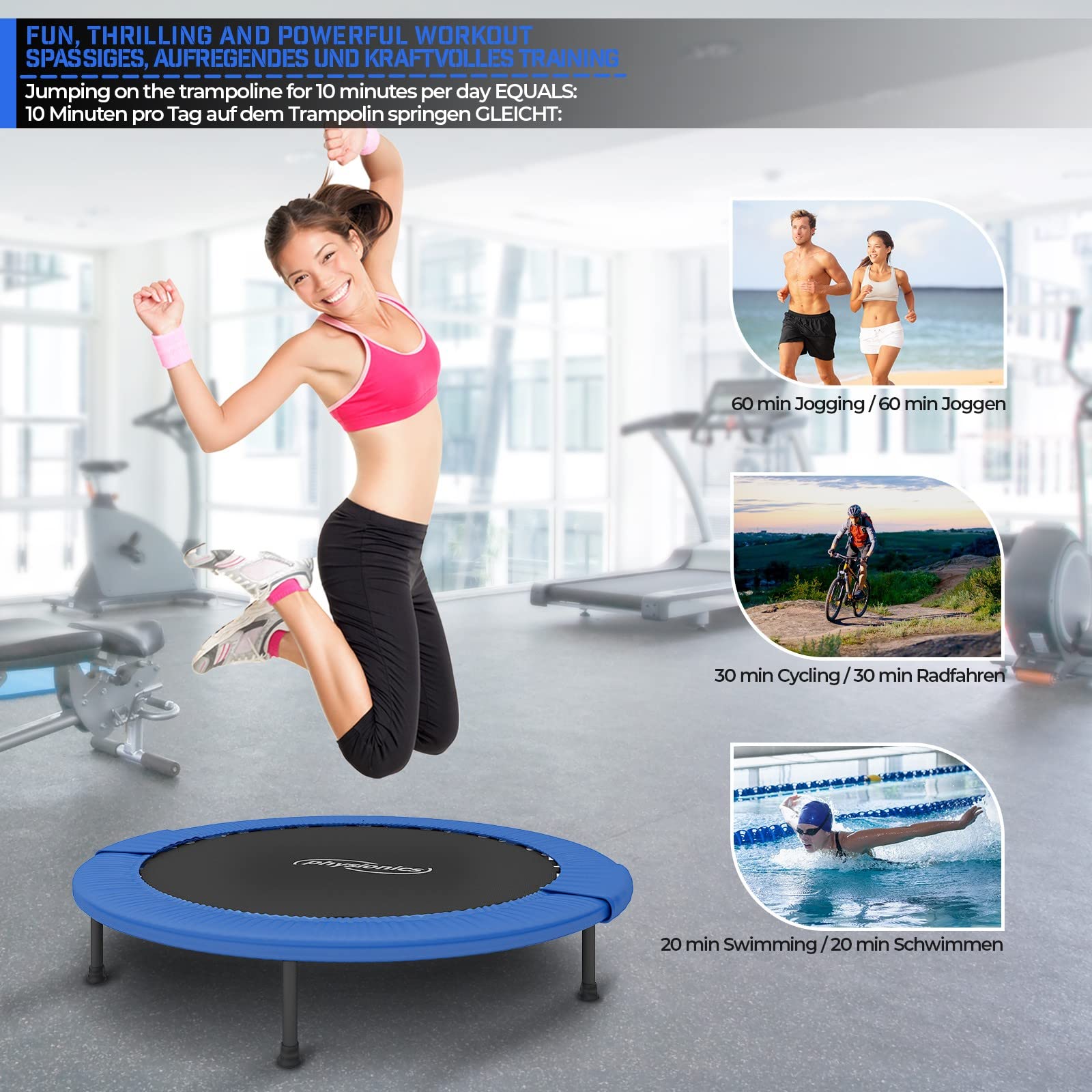 Physionics® Mini Trampolina Fitness - Średnica wyboru (Ø 81/91/96/102/114/122 cm), antypoślizgowe stopy, do użytku wewnątrz/na zewnątrz - trampolina gimnastyczna, trening, skok (114 cm)