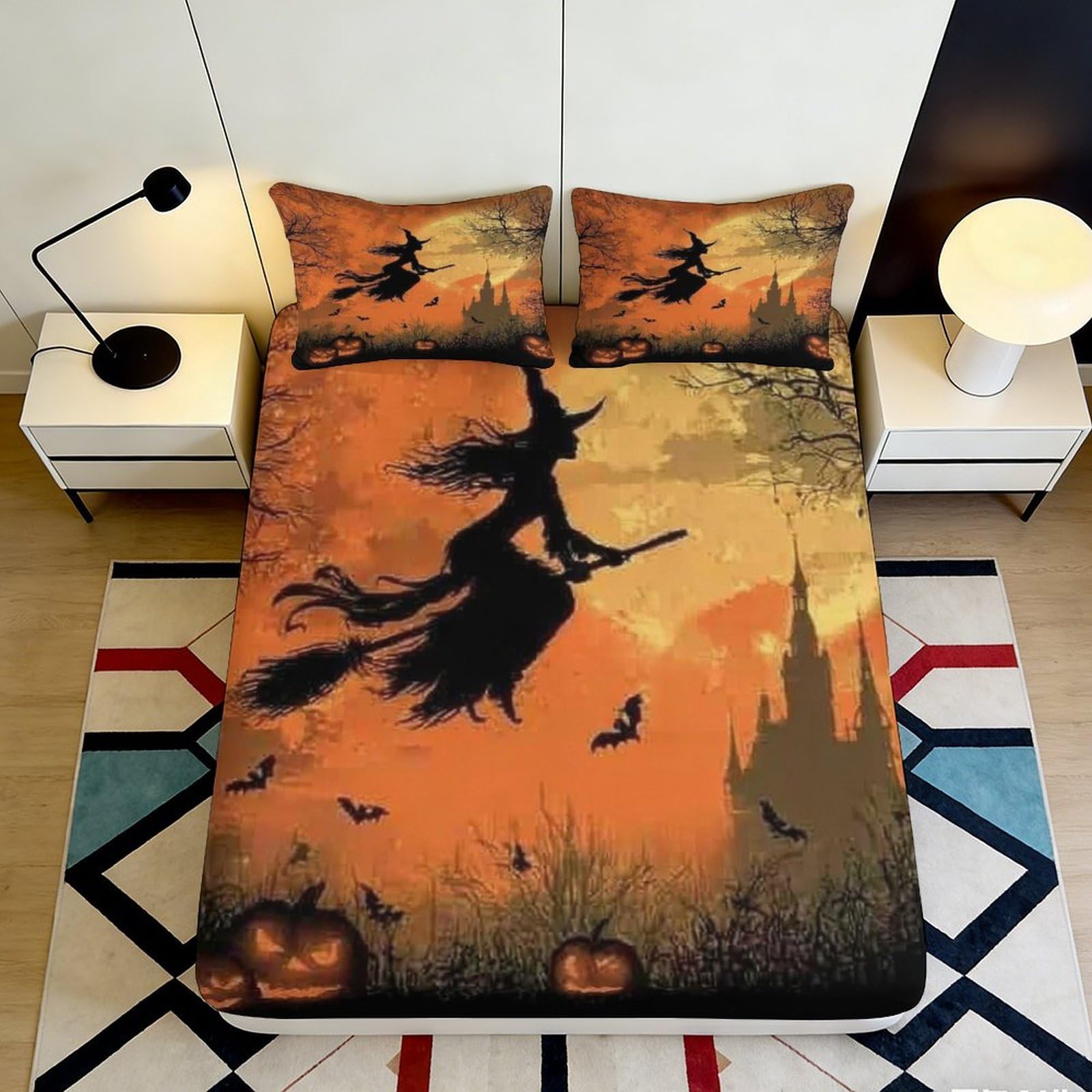 3D Printed Halloween Witch Fitted Sheet Microfiber Soft Breathable Pumpkin Bed Cover for Bedroom Dormitory Guest Room Mattress Protection Decor 140x200x25cm