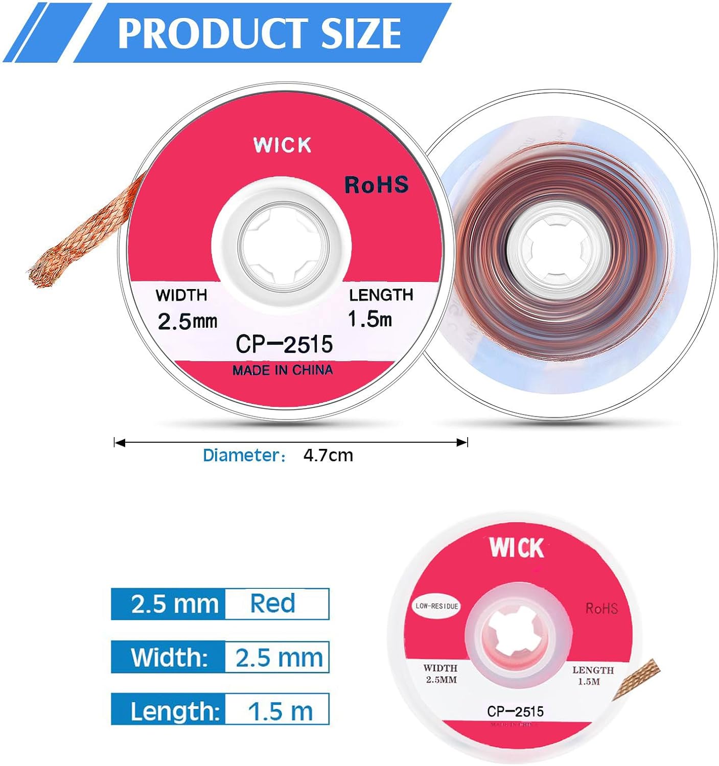 Pack of 2 Solder Wick Braid, 2.5mm W 0.10'' L 5' Solder Wick, Desoldering Wick with Flux No-Clean Electronic Desoldering Copper Wire, Desoldering Wick Braid Remover, Desolder Soldering