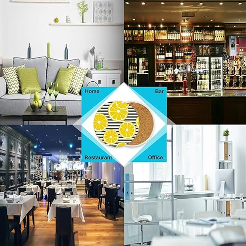 Miniatura 3 de visesunny Posavasos de verano a rayas de limón que absorben la humedad, con base de corcho para protección de mesa, evita daños en los muebles, taza