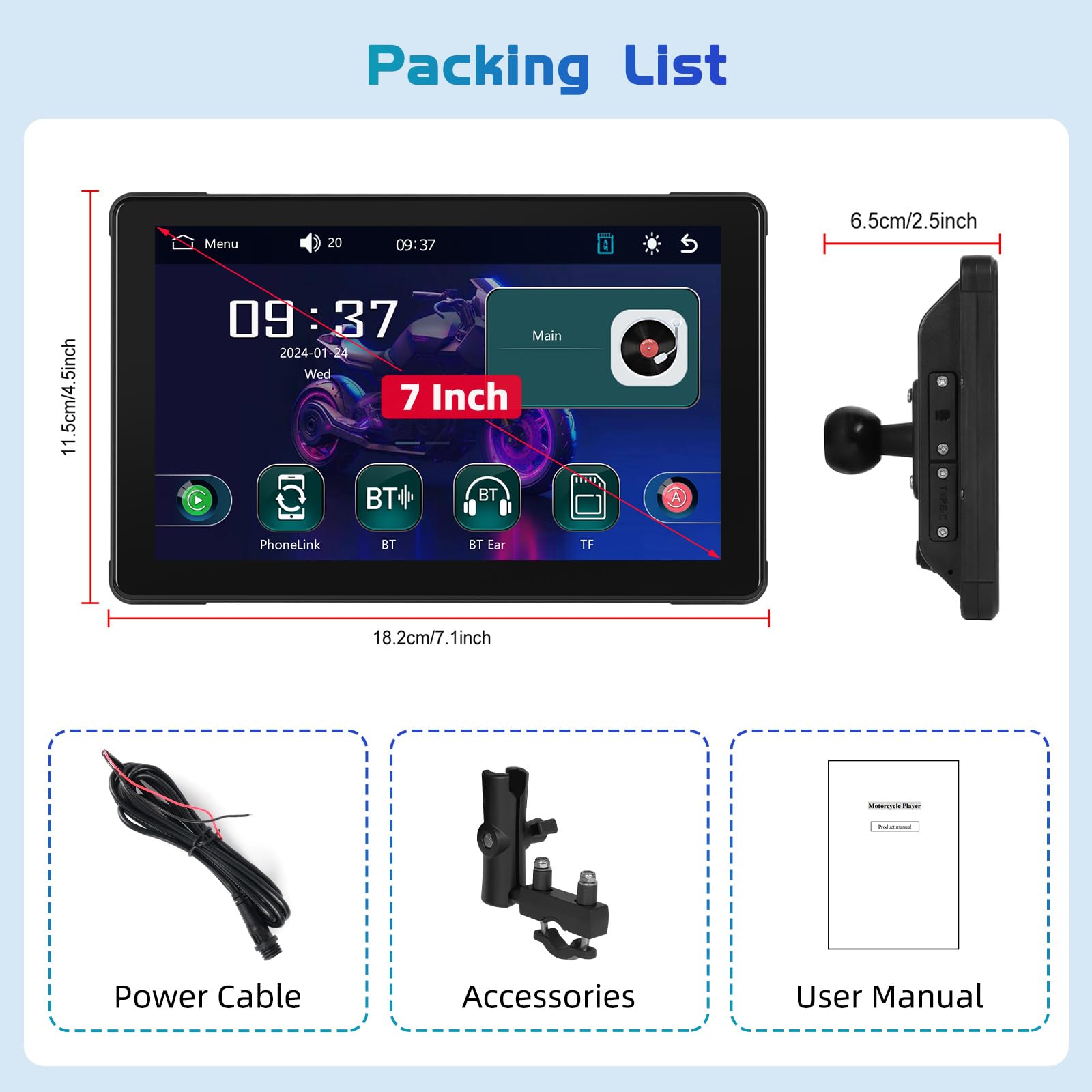 Podofo Motorrad-Navigation mit Kabellosem Carplay Android Auto, 7-Zoll Touchscreen, Portable Motorrad Radio mit Bluetooth, GPS-Navigation, FM-Transmitter, TF-Karte, USB, EQ