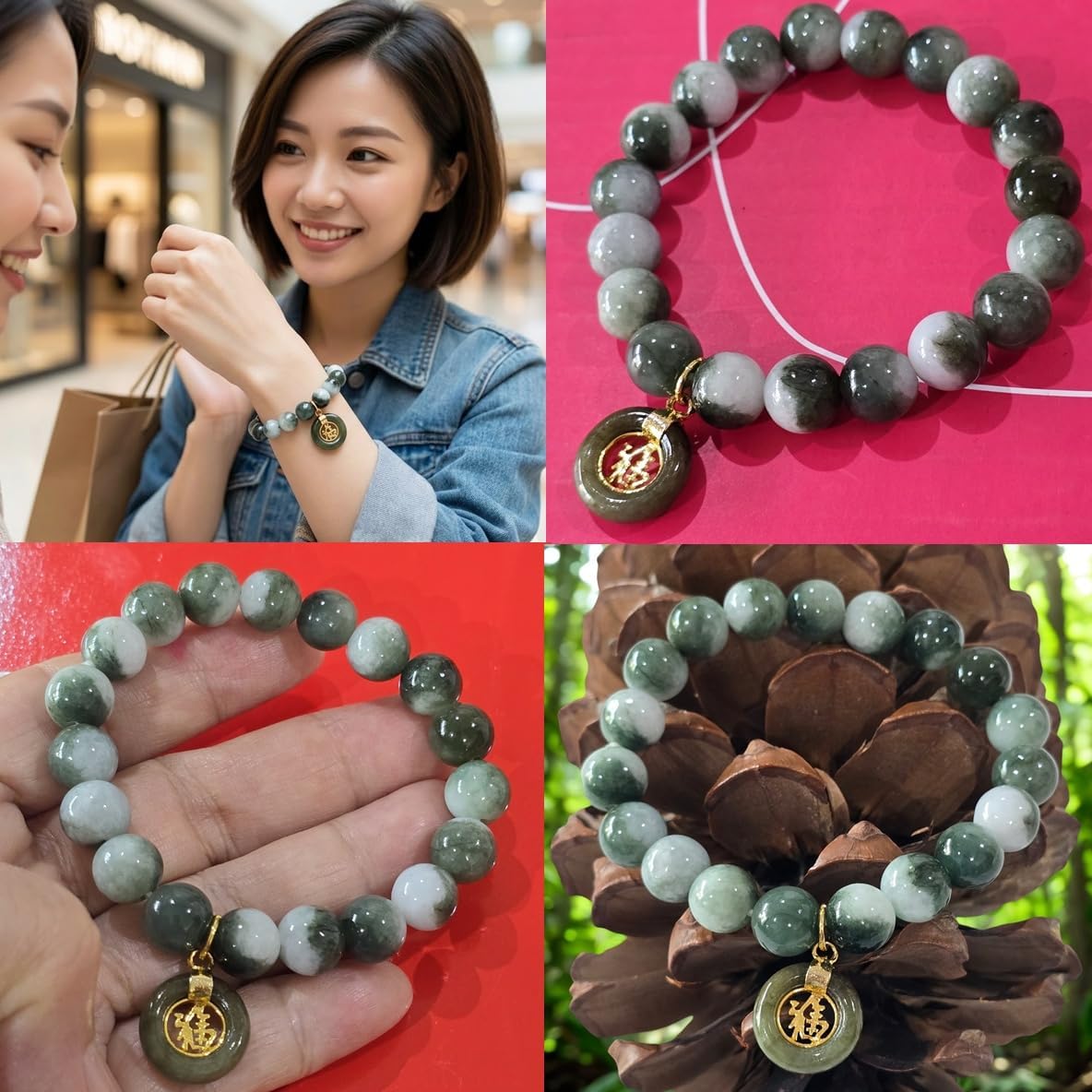 Natural Green Jade Beaded Bracelet, 10mm Real Jade Stone Stretch Feng Shui Jewelry, Women Bracelet with Pendant Jade Coin Lucky