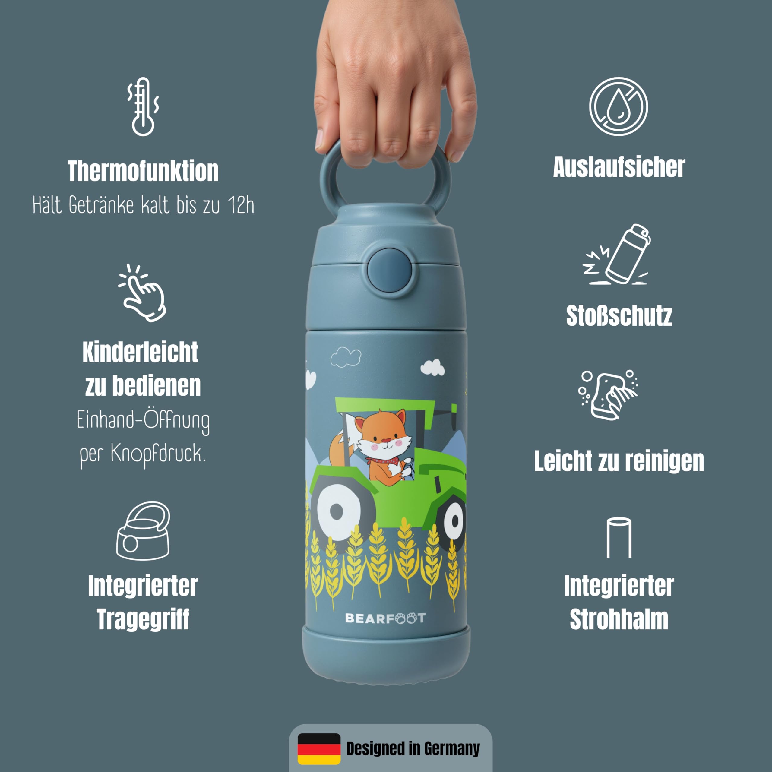 BEARFOOT Edelstahl Trinkflasche Kinder 350ml (Traktor Fuchs – Blau) | Thermo, vakuumisoliert, mit Tragegriff, auslaufsicher, BPA-frei, für Mädchen & Jungen