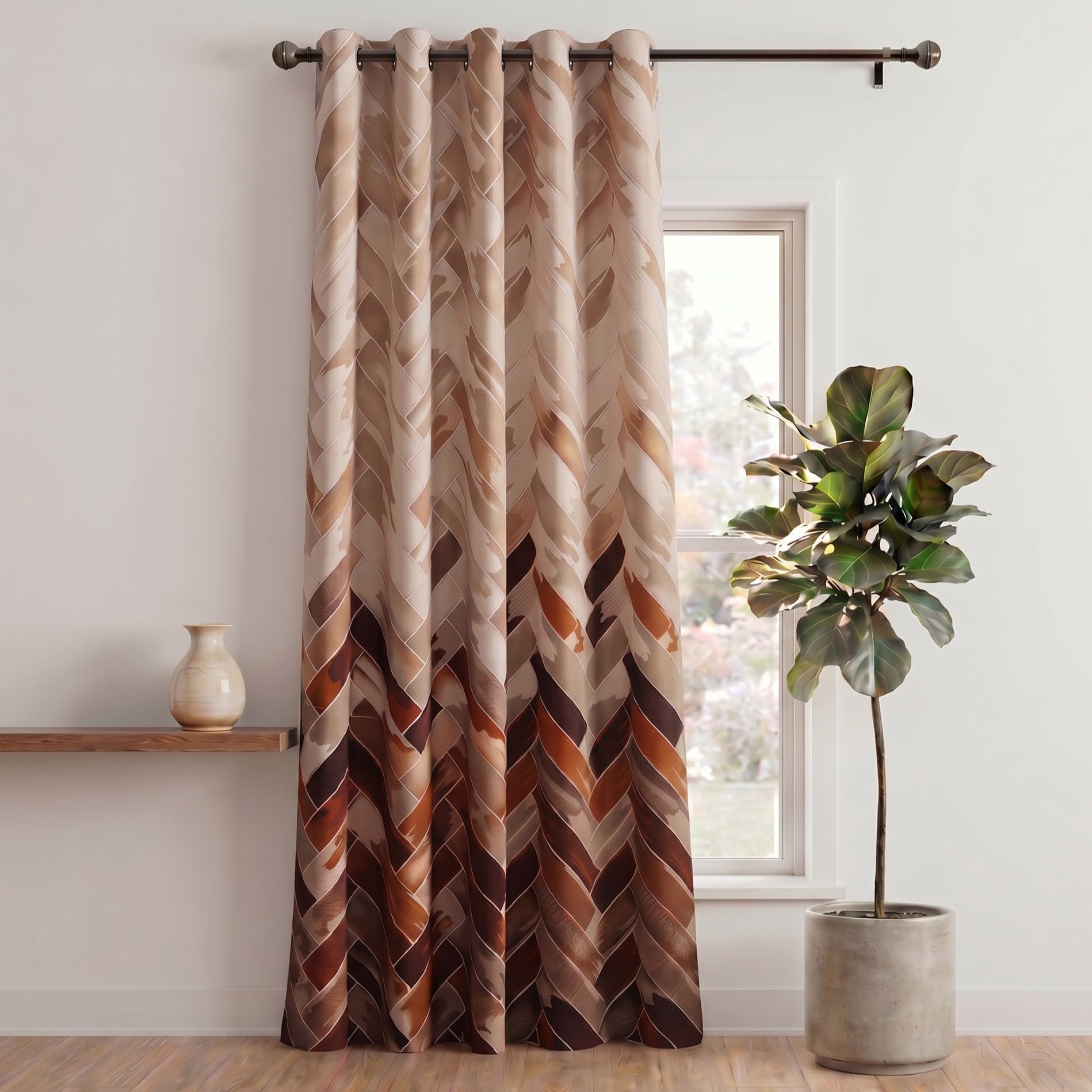 Home Sizzler 1 Piece Geometrical Panel Eyelet Polyester Window Curtain - 6 Feet, Brown