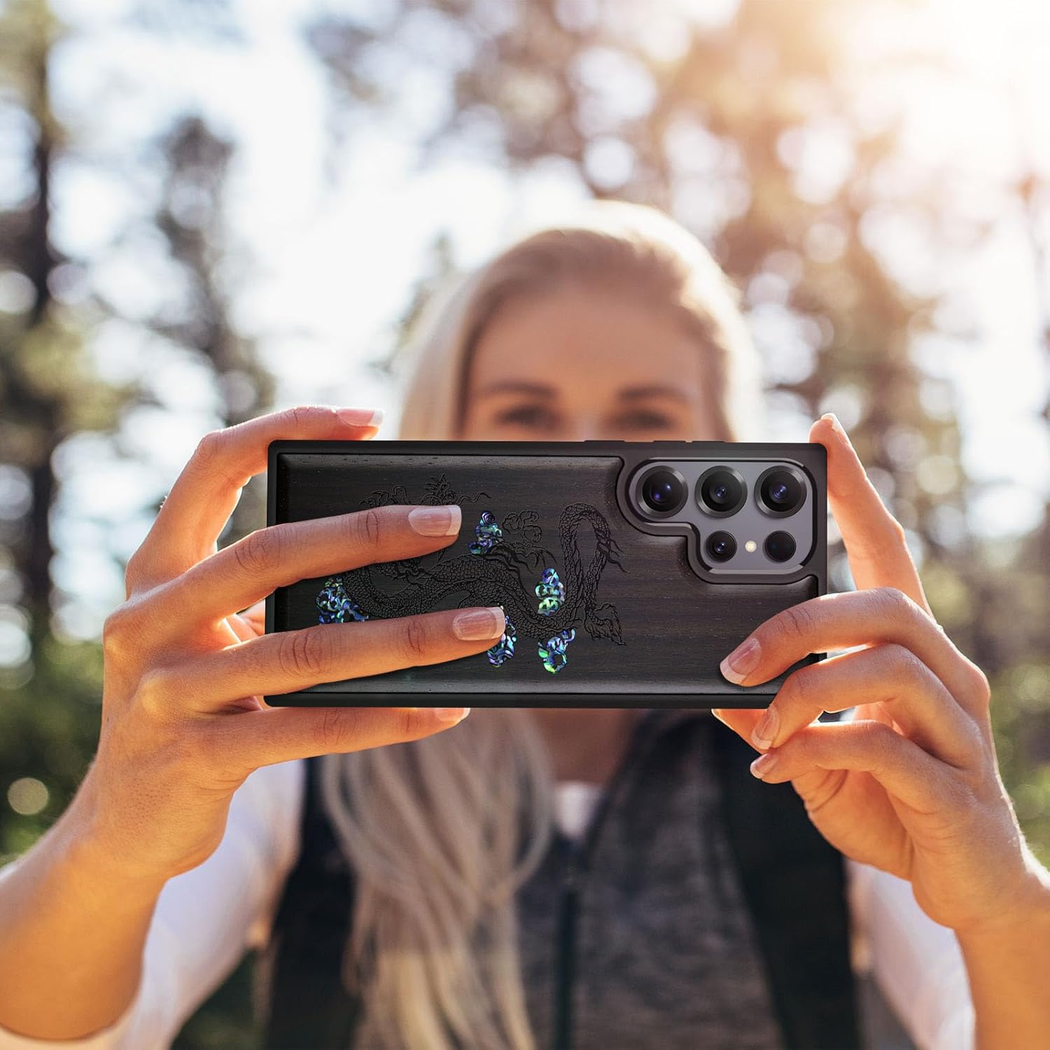 Carveit Magnetic Wooden Case for Samsung Galaxy S25 Ultra Case, Wood Artisan Engraved & Handmade Shell Inlaid, Compatible with MagSafe Wireless Chargers (Majestic Chinese Dragon) Blackwood