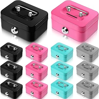 Tandefio 12-Pack Small Metal Cash Boxes with Locks - Portable Steel Money Organizers, 4.5x3.3x2 Inch in Black, Green, Gray, Pink for Sales & Savings