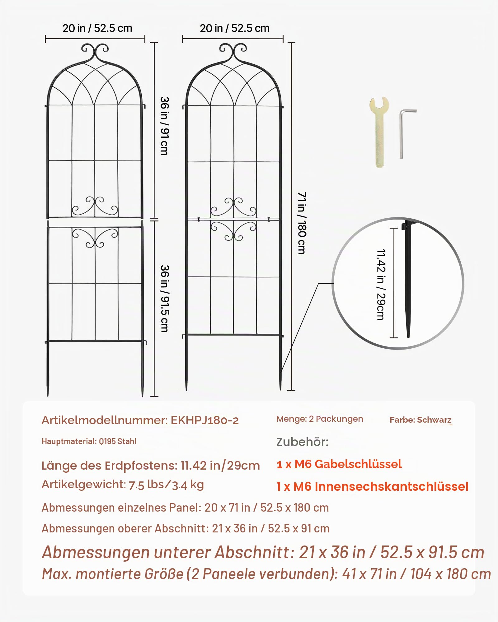 VEVOR Rankgitter, 180x52,5 cm 2er-Pack, Metall Rankhilfe mit Pulverbeschichteter Oberfläche & Verriegelungsmechanismus, Kletterhilfe, Garten Spalier, Pflanzengitter für Blumen, Gemüse & Rosen