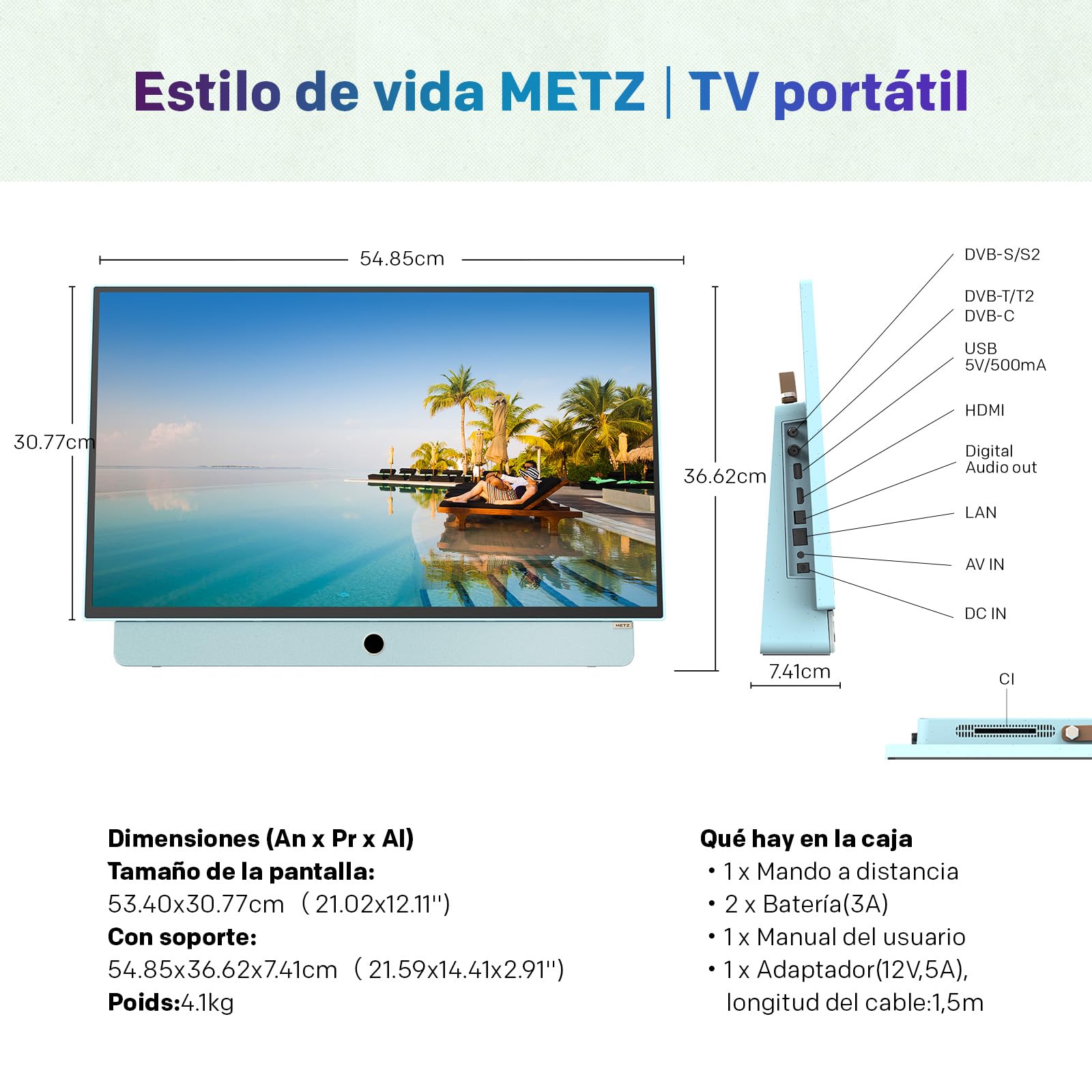 Metz TV Portable 24 Pouces (60 cm) Smart Google TV FHD Avec Batterie Intégrée Poignée HDR 10 Chargeur Voiture 12V Ecran Anti-reflet Dolby Audio HDMI USB Bluetooth Wi-FI (24MPE7000 Bleu)