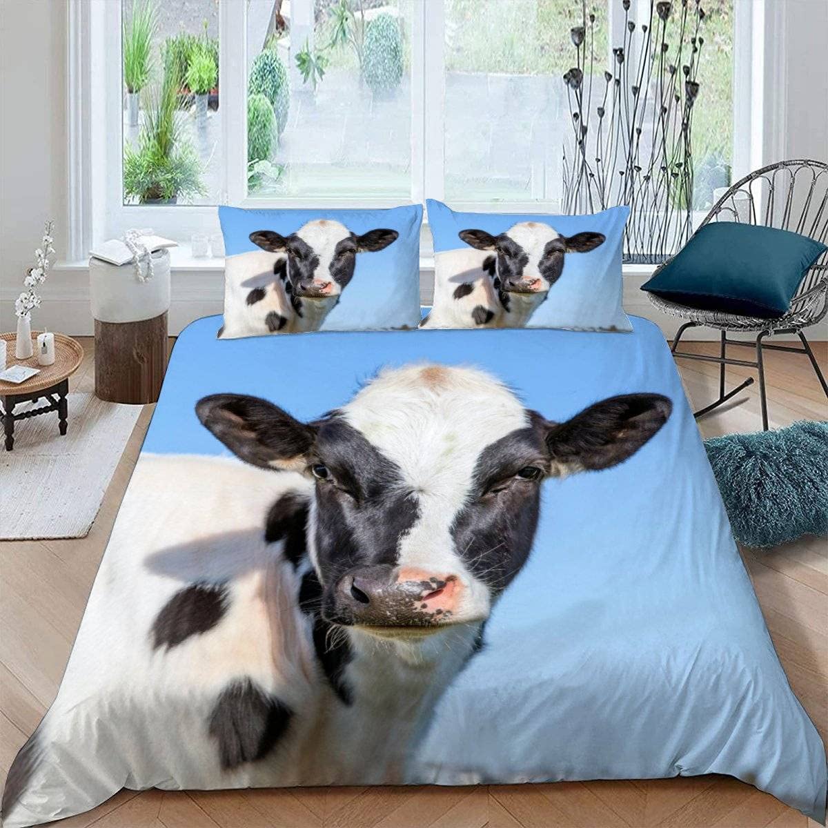 RFFLUX 3D Cow Single Duvet Cover Set 3 Pieces 135x200 Soft Microfiber Farm Animals Cattle Quilt Cover with Zipper Closure Easy Care Bedding Set with 2 Pillowcase for Kids Boys Girls Teens — image 1