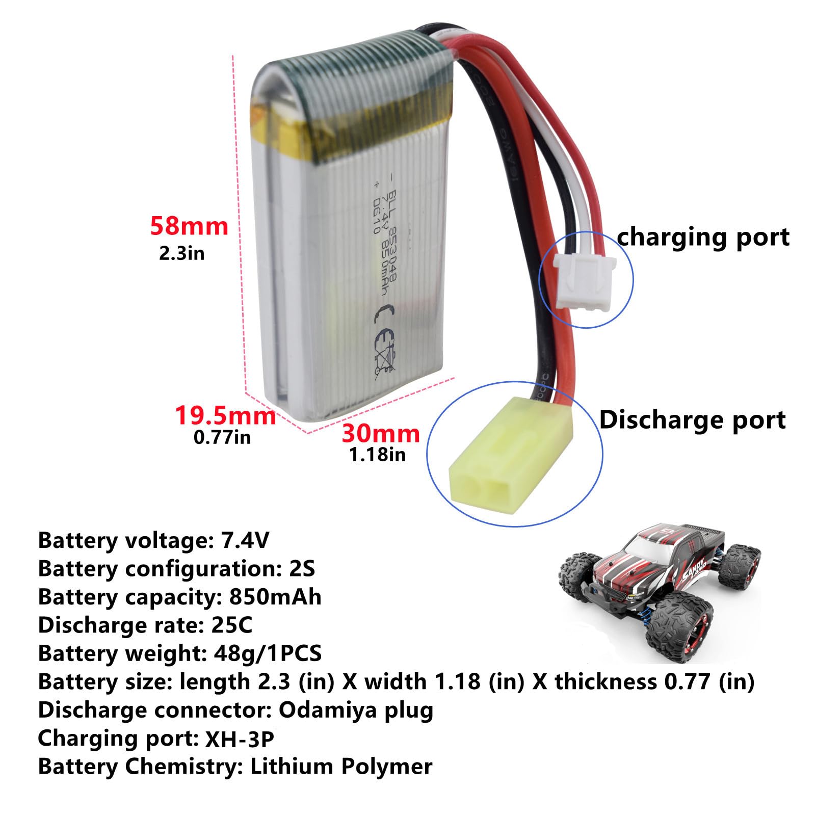 3pcs 7.4V 850mah lipo Batería y 3en1 Línea de conversión para 9300 9310 9301E 9302E 9303E 9034E 9305E 9201E 2.4G 1:18 Alta Velocidad Vehículo Todoterreno