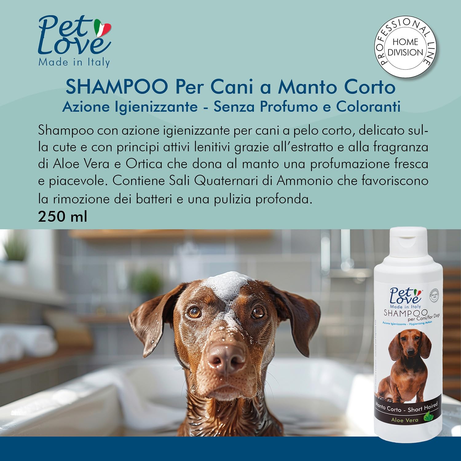 Pet Love | Shampoo Professionale per Cani a Manto Corto – Azione Detergente e Igienizzante –Senza Profumo e Coloranti - 250 ml