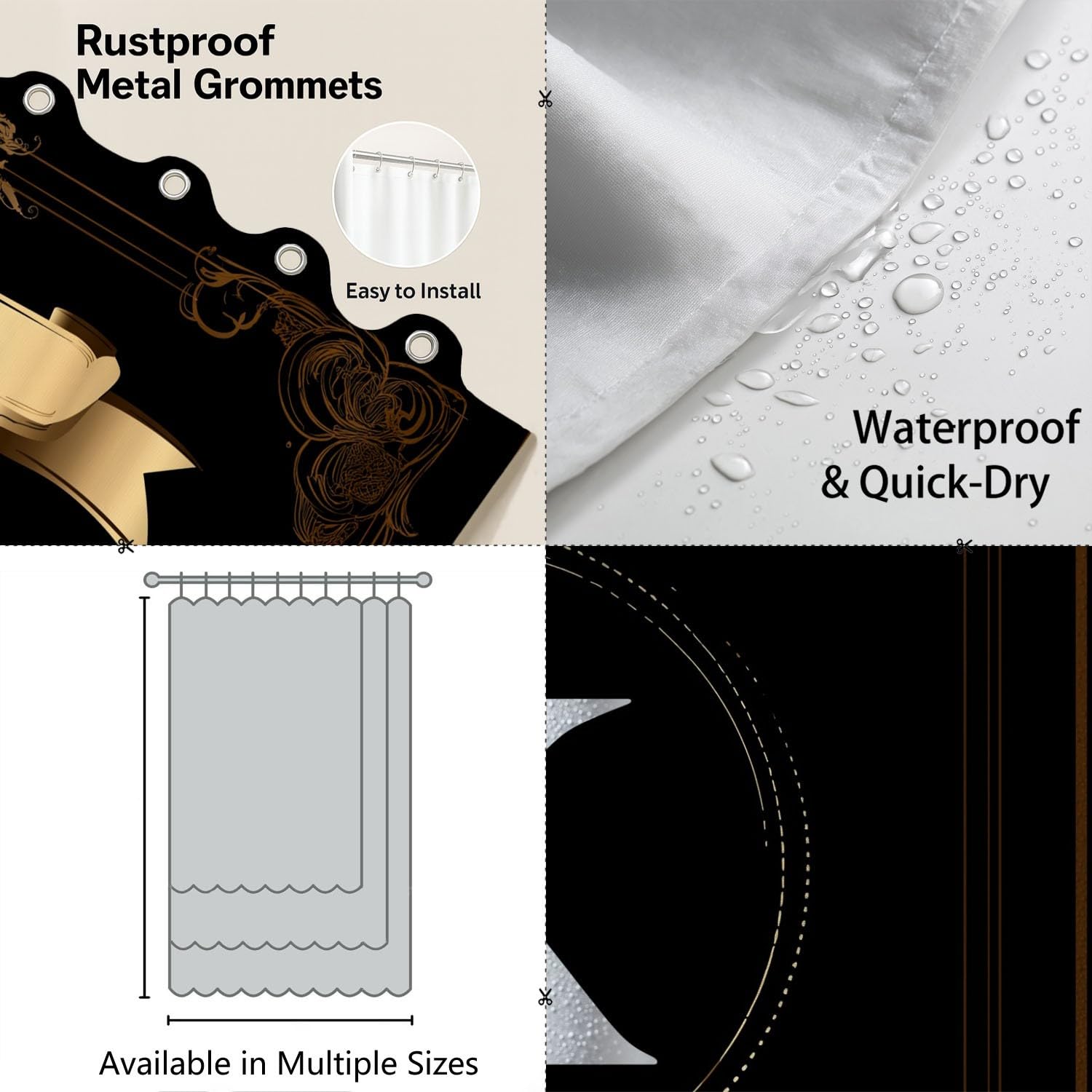 Modern Elegant Duschvorhang 200H x 240B cm Verfeinert Luxus Verziert Schriftrollen-Muster Buchstaben Wasserdicht Duschvorhang für Badezimmer, Badewannen Maschinenwaschbar, Schnell Trocknend