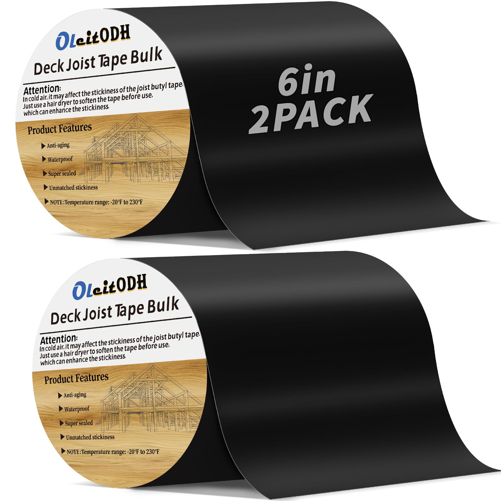 2 Rolls Butyl Joist Tape for decking, 6 Inch x 50 Feet Weatherproof Butyl Sealant Deck Tape Joist-Beam Deck Joist Tape Bulk for Wood Joists Decks Beams Roof