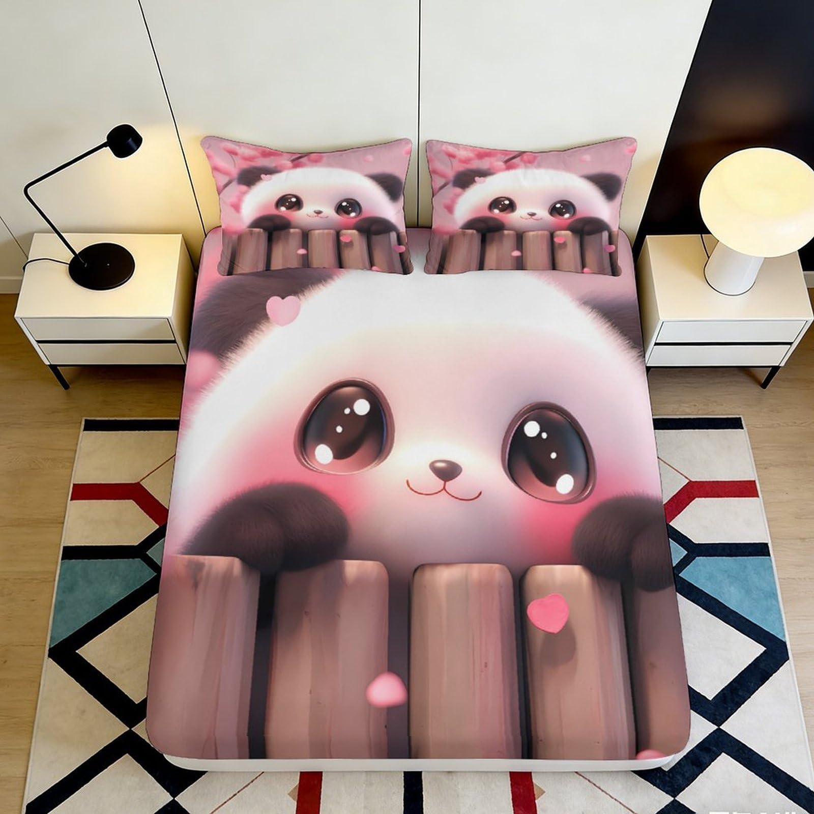 3D Printed Cute Panda Fitted Sheet Microfiber Soft Pink Cartoon Bed Cover for Bedroom Dorm Mattress Protection Decor 120x200x25cm