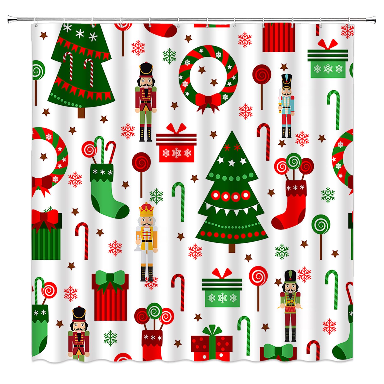 Weihnachts-Duschvorhang Mit Weihnachtsbaum & Nussknacker – Grüner Winter-Urlaubs-Stoff Mit Haken (178x178 Cm)