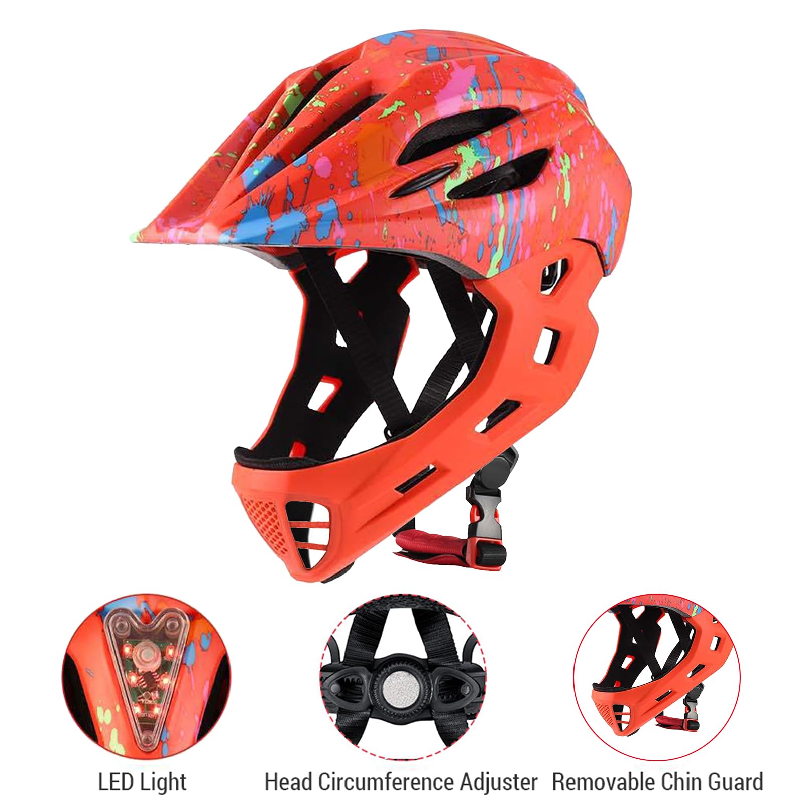Full Face Adjustable Kids Bike Helmets, Lightweight Toddler Helmets with LED Light, Ventilation, for Sun Protection with Sponge Pad (M) — view 5