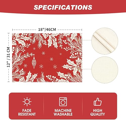 Miniatura 6 de Artoid Mode Juego de 4 manteles individuales de Navidad con ramas de pino y hojas de acebo, 12 x 18 pulgadas, manteles individuales de invierno para