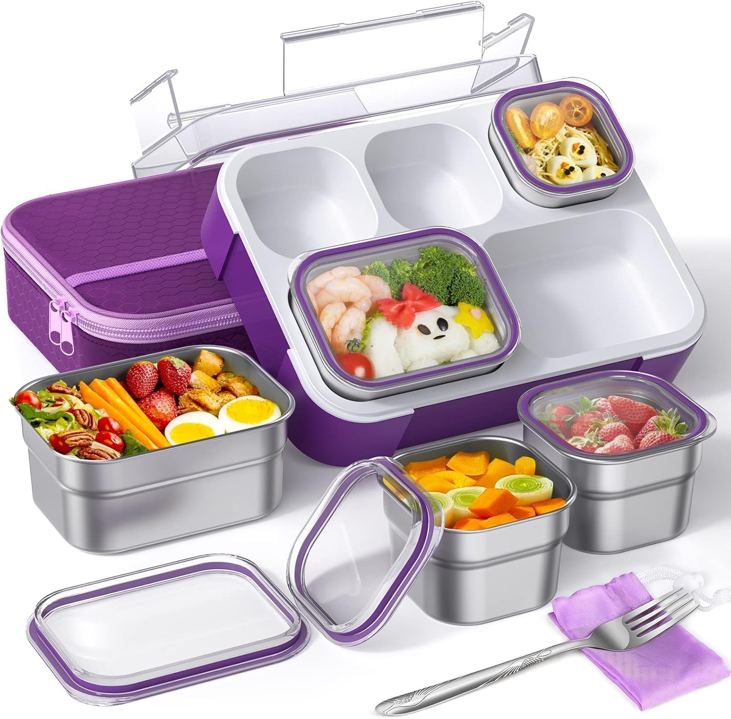 SCHOLARLY Bento Style Lunch Box for Adult Kids Portable Snacks Box with Bag Stainless Steel 5 Compartments Sealed Leakproof Containers for Office, School Use (Multicolor) - Image 1