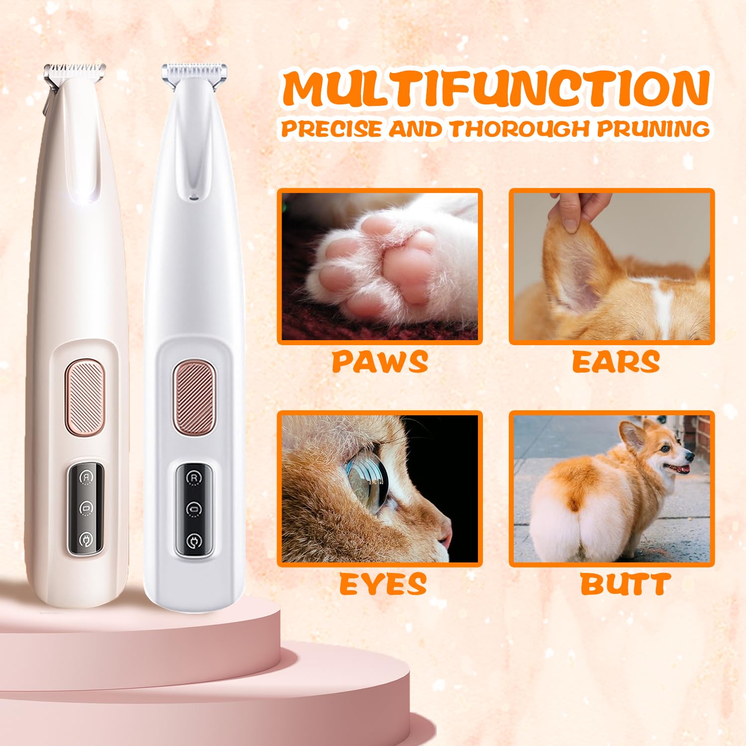 Doggykings 3 In 1 Electric Dog Trimmer, Doggy Kings Trimmer, Low Noise Rechargeable Waterproof With Led Light, Pet Shaver For Paws Eyes Ears Face Rump (F5White