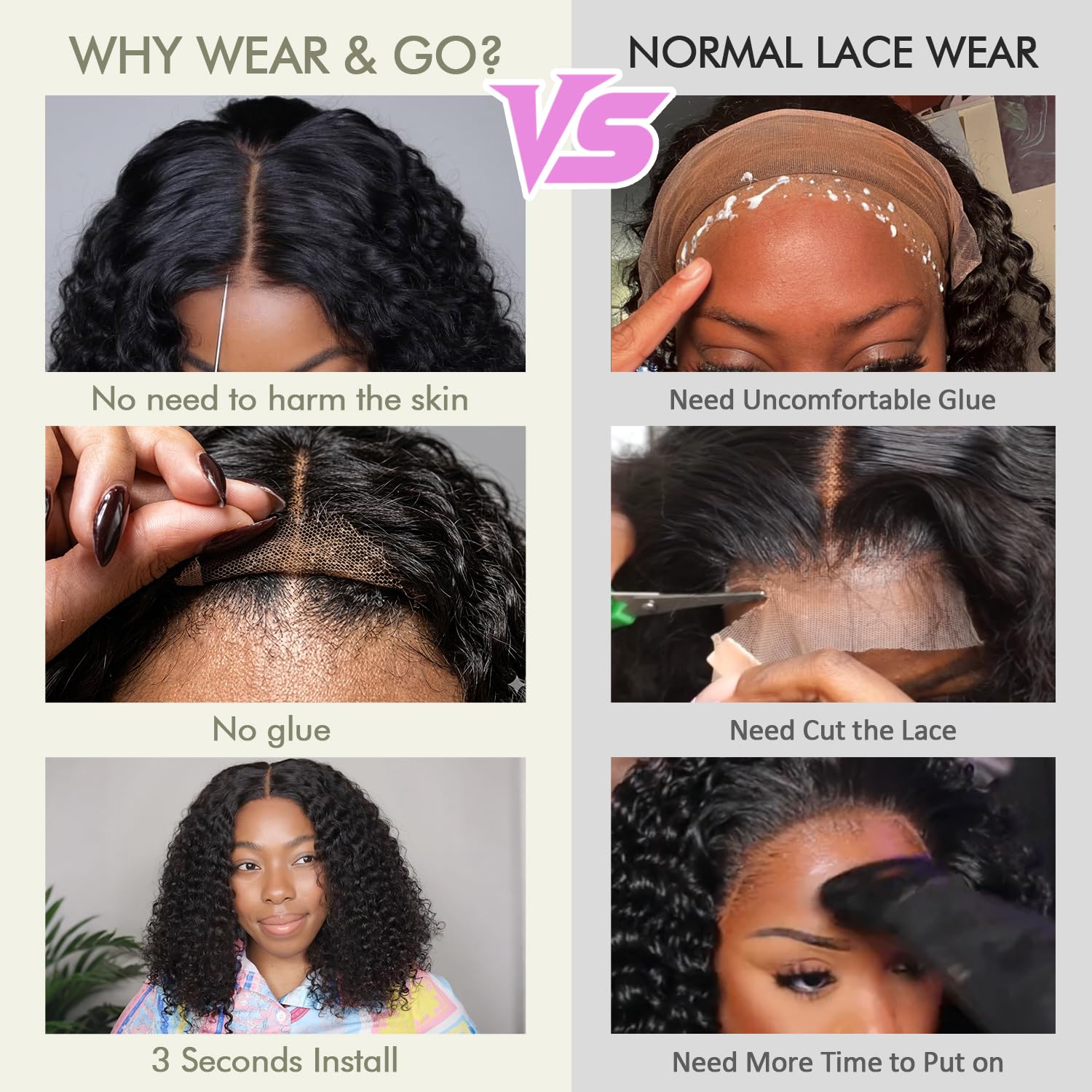 Curly Bob Glueless Wig Human Hair 2x6 HD Lace Front Wigs Human Hair Pre Plucked 3 in 1 Shaggy Wear and Go 180 Density Deep Wave Short Bob for Women Natural Color 12 Inch
