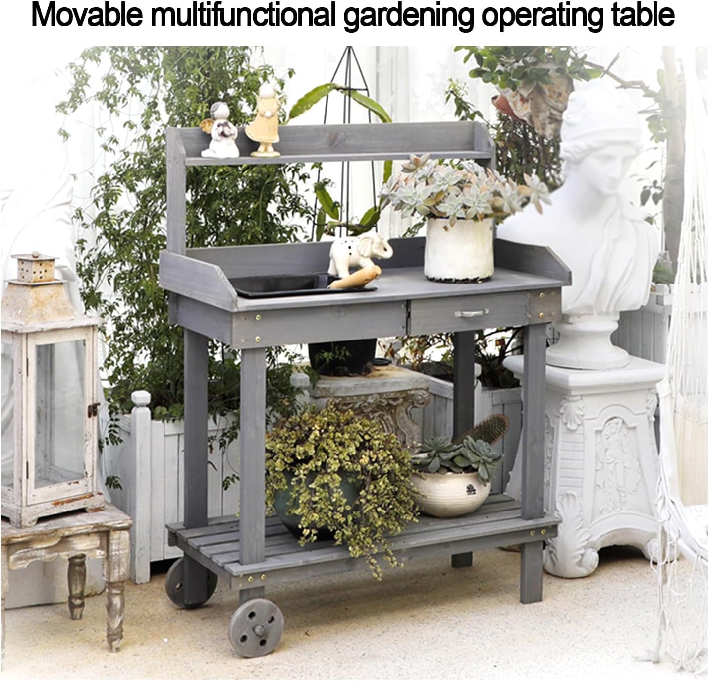 Outdoor Potting Bench Table,Potting Bench Table,Wooden Gardening Plant Workstation,w/Wheels and Drawer Open Shelf,for Outside Patio Lawn Garden,