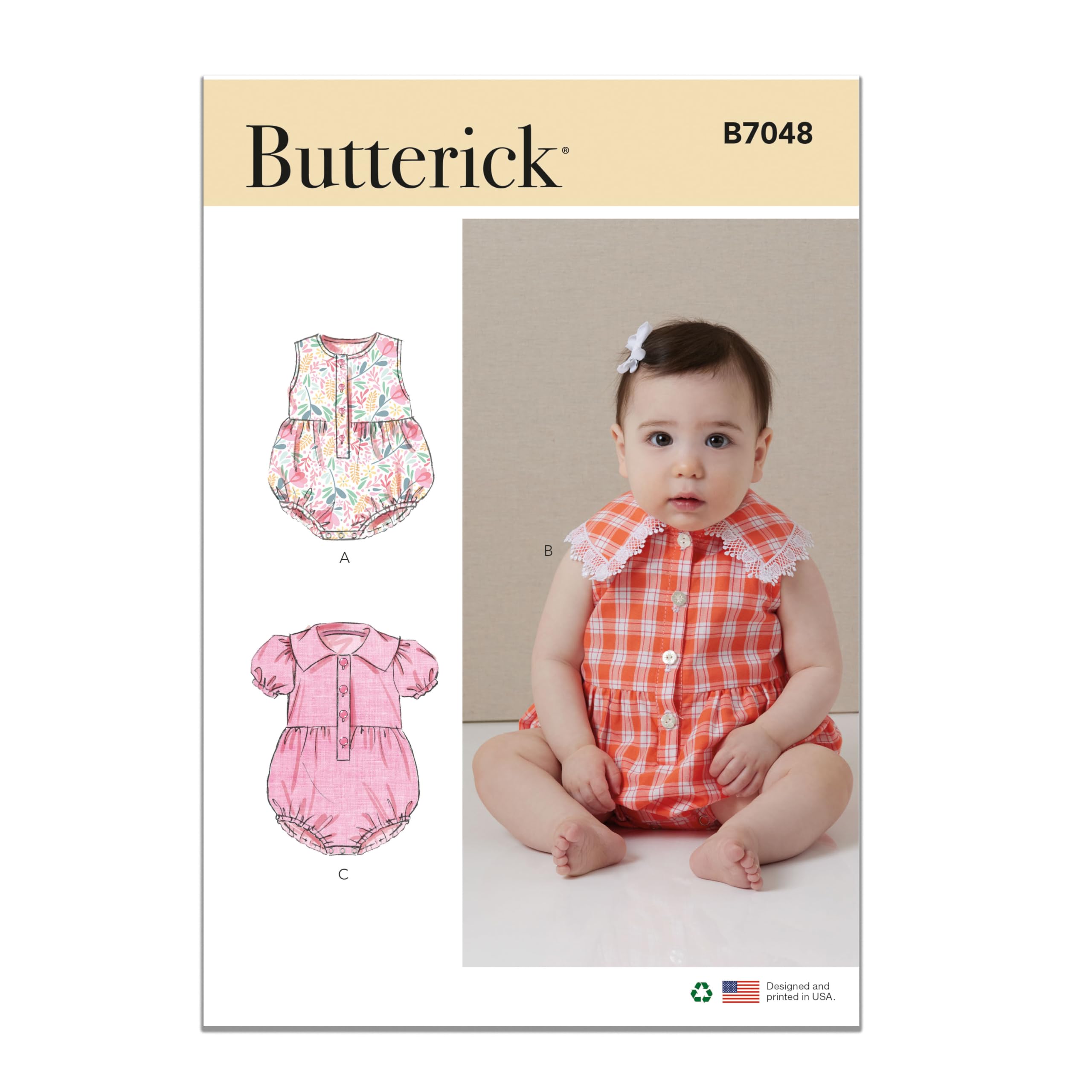 Butterick Sewing Pattern B7048A Babies' Rompers A (XS-S-M-L)