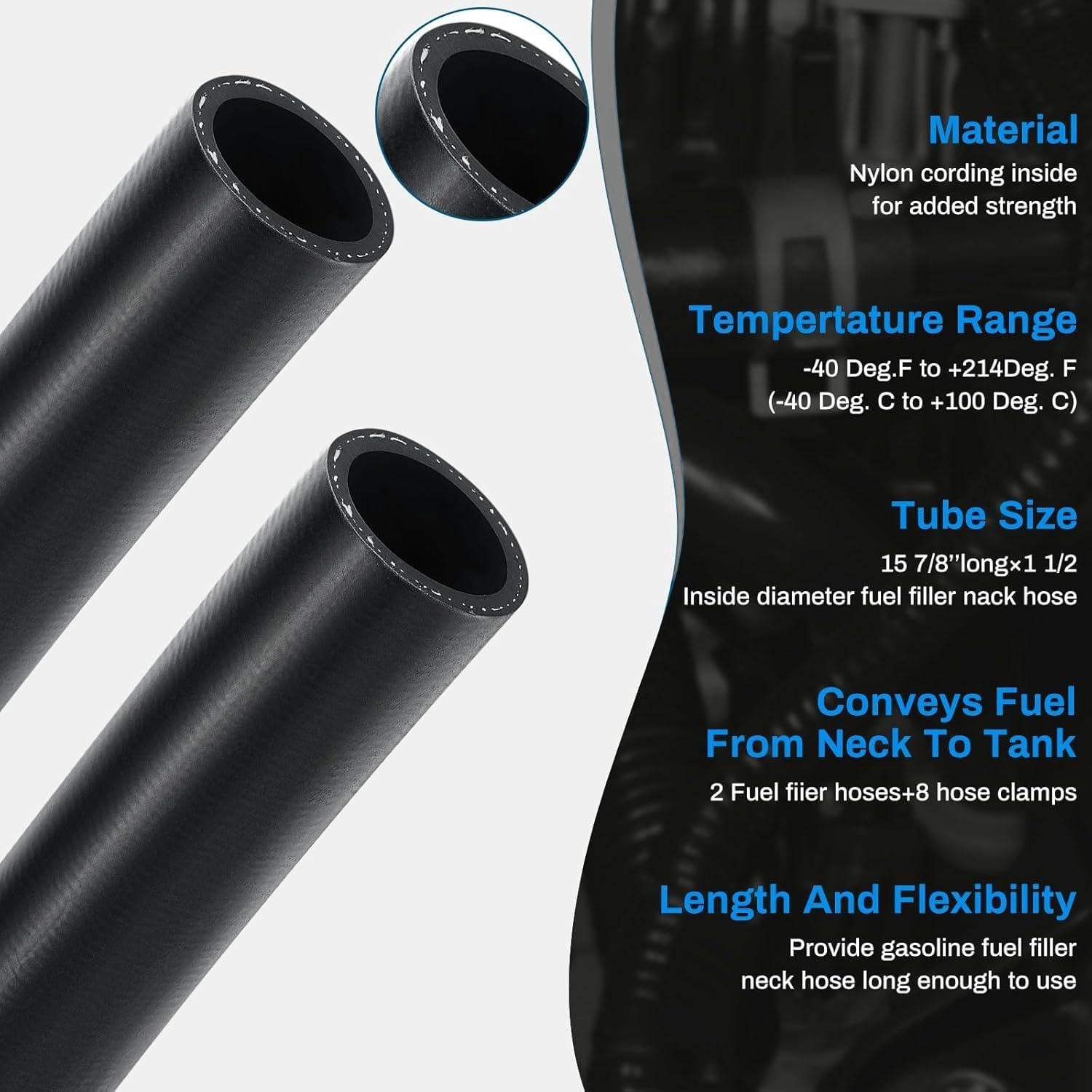 2 set 1.5" ID Gasoline Fuel Filler Neck Hose with 8 Clamps - 15 7/8" 90 Degree Gas Tank Fuel Filler Hose Replacement (1.5" ID 90 Degree)