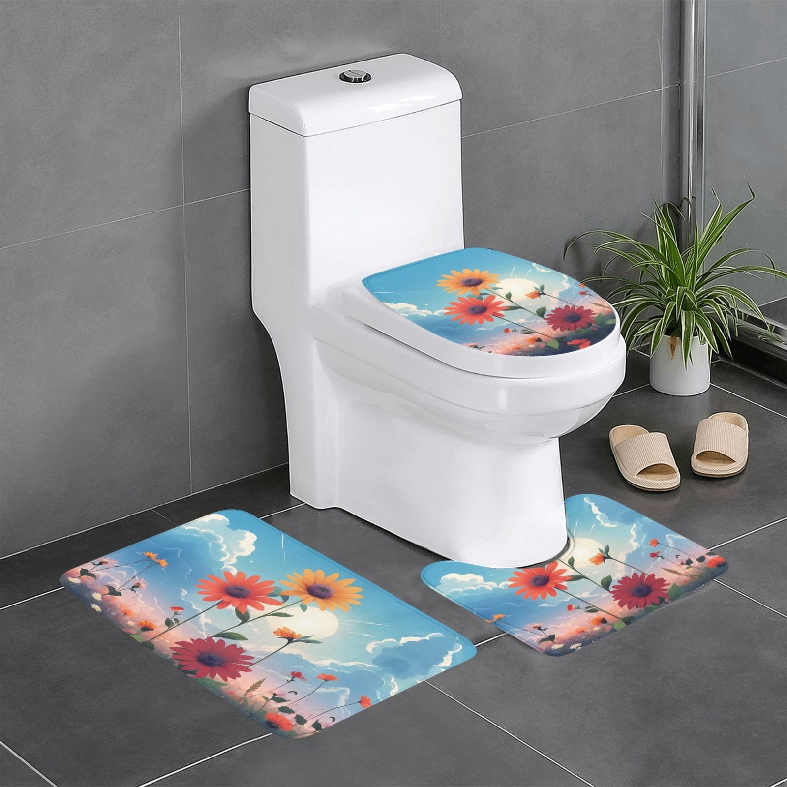Tapis de salle de bain ciel et fleurs pour meuble-lavabo et WC
