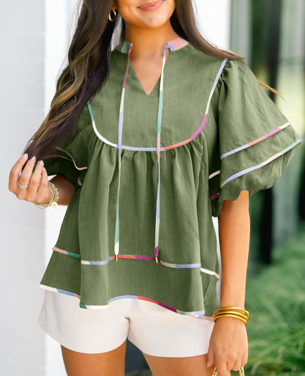 Cicy Bell Womens Summer Babydoll Tops V Neck Short Lantern Sleeve Shirts Cute Loose Fit Peplum Flowy Blouses - Image 3