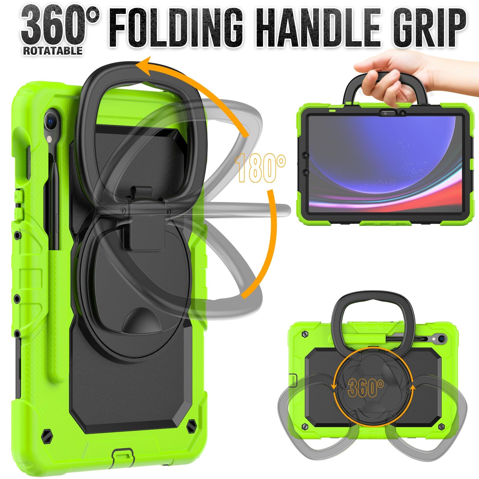 Wytrzymałe, odporne na wstrząsy etui TPU do Samsung Galaxy Tab S9 11 cali 2023 X710/X716B/X718U Etui dziecięce, uchwyt obrotowy 360 stopni, wspornik stojakowy, ochraniacz ekranu + pasek ramię(Ye?il)
