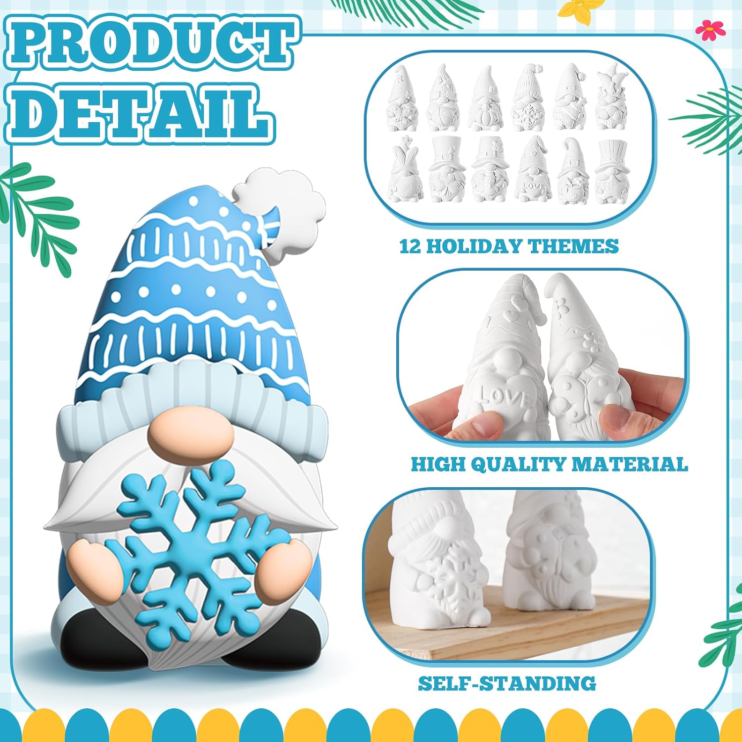 Kolldenn 12 Pcs Holiday Gnome Vase Painting Kit Ceramics to Paint Your Own Statues DIY Statues with 24 Acrylic Paint 4 Brushes 2 Palette Unpainted Crafts for Patriotic Summer(Gnome)