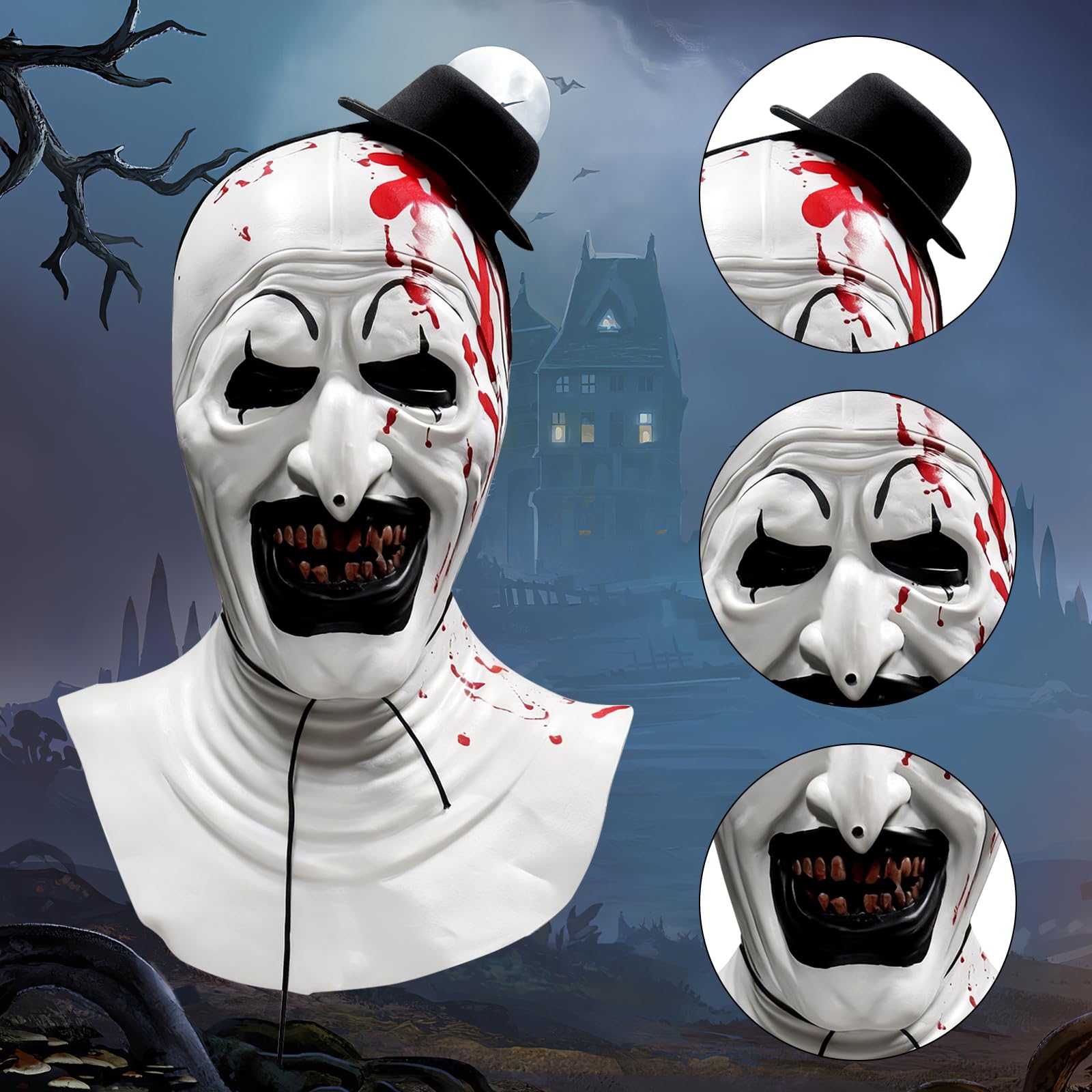 SUPRROW Halloween Clown Mask - Terrifier Art with Headscarf & Hat, Abundant - Image 3
