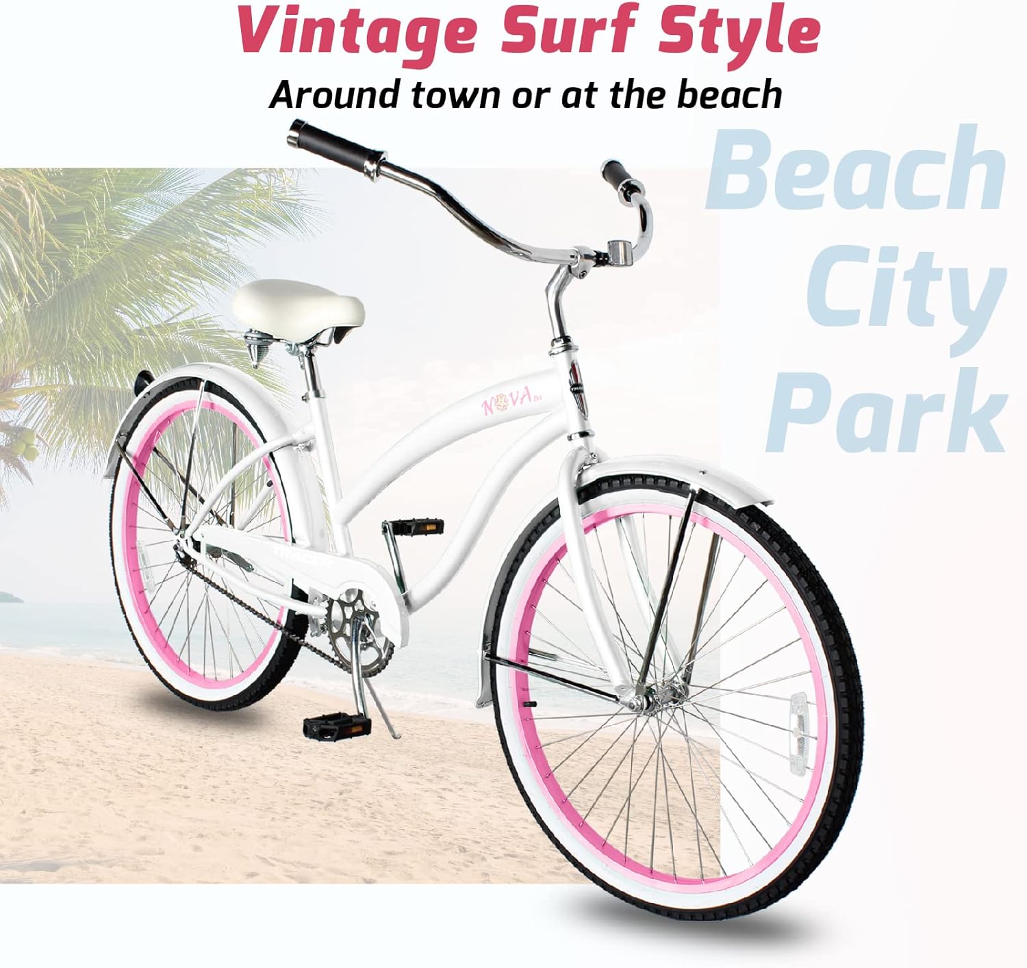 Tracer Nova Beach Cruiser Bike for Women,26 Inch Wheels,Hi Ten Steel Frame,1 Speed,Coaster Brake,Hybrid Bike for Adults,Complete Cruiser Bikes,White