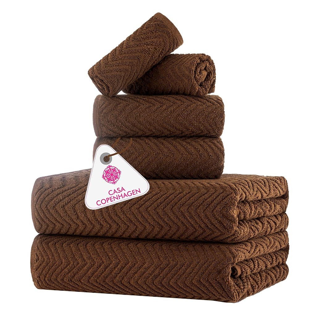 CASA COPENHAGEN Wave Textured 6 Pieces Towel Set- Toffee, 550 GSM 2 Bath Towel 2 Hand Towel 2 Washcloth, Rough & Tough Use Cotton Towels Gift Set for Bathroom