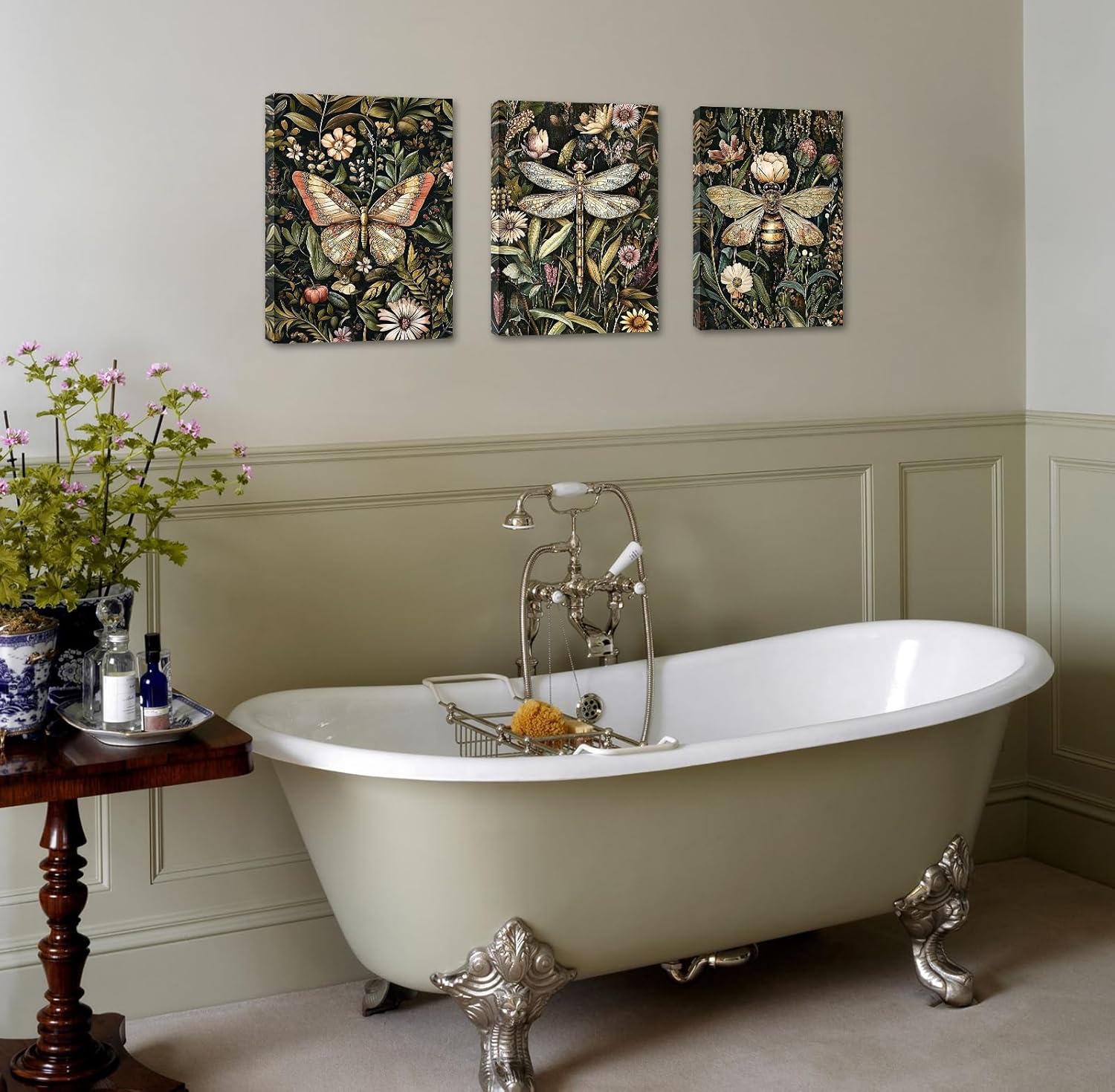 Vintage Botanical Wall Art Set of 3,Cottagecore Canvas Painting Nature Floral Decor with Butterfly Dragonfly Bee,Dark Green Aesthetic Pictures for Living Room Bedroom Home Decorations 12x16 Inch