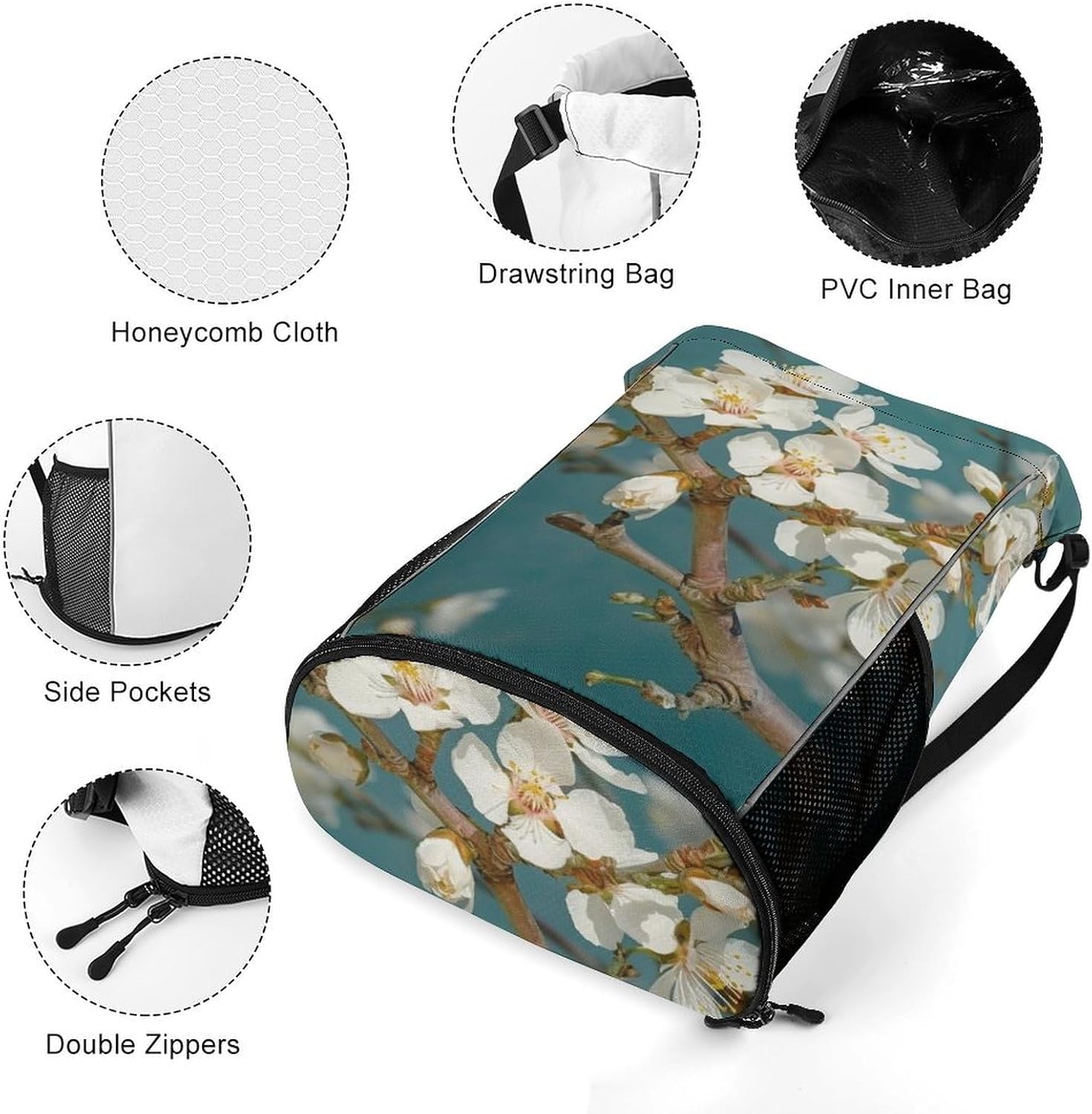 Small Gym Bag Pale White Flowers Printed Drawstring Gym Bag for Men Lightweight Waterproof Drawstring Backpack for Women with Shoe Compartment for Travel Tourism Work And Fitness
